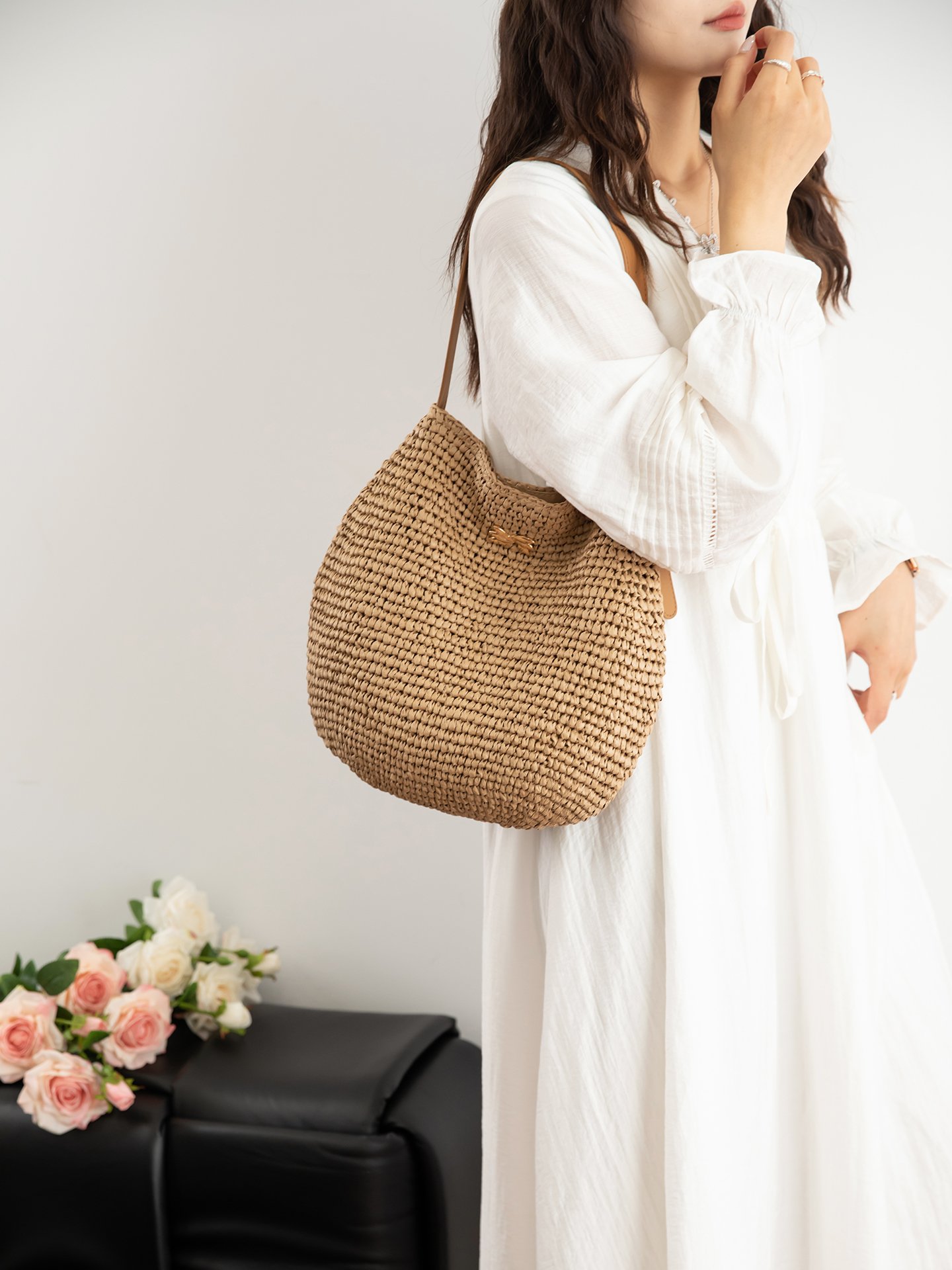 Khaki Woven Straw Shoulder Bag
