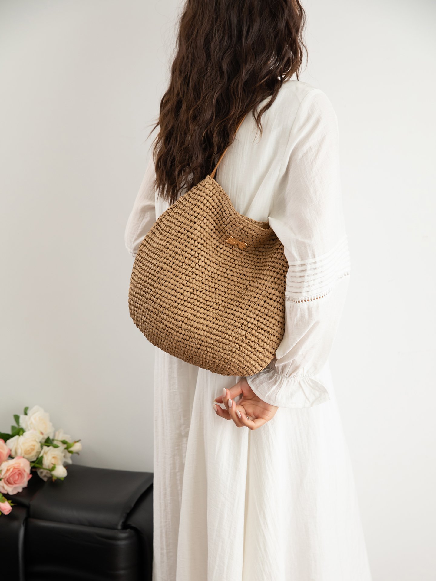Khaki Woven Straw Shoulder Bag