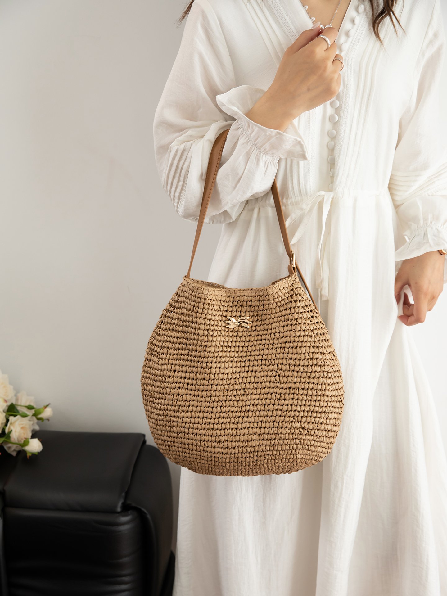 Khaki Woven Straw Shoulder Bag