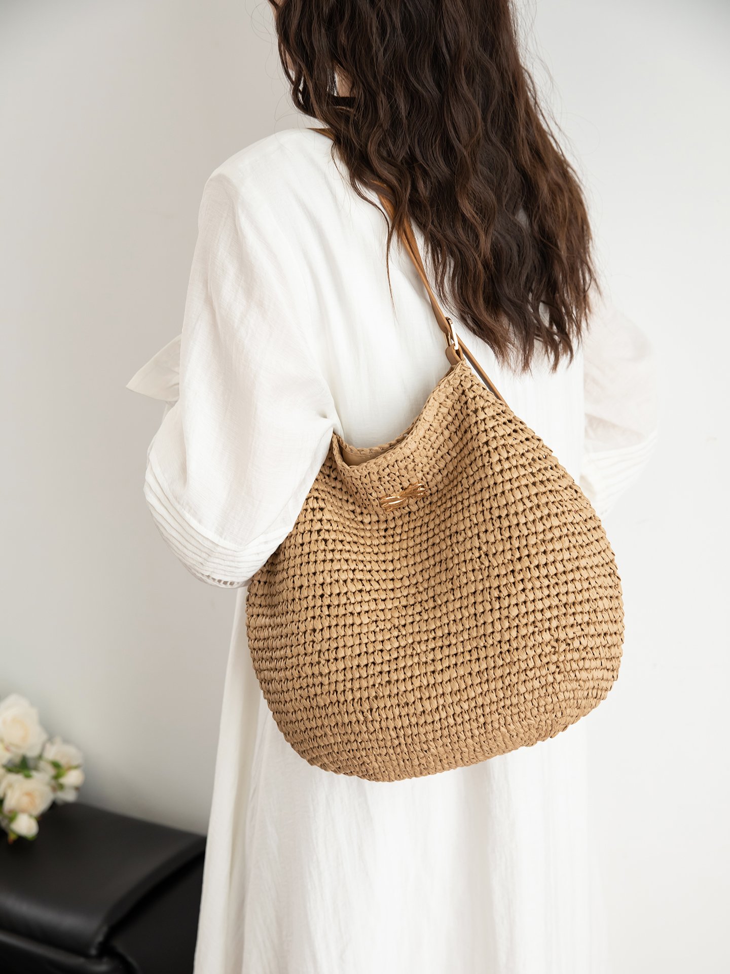 Khaki Woven Straw Shoulder Bag