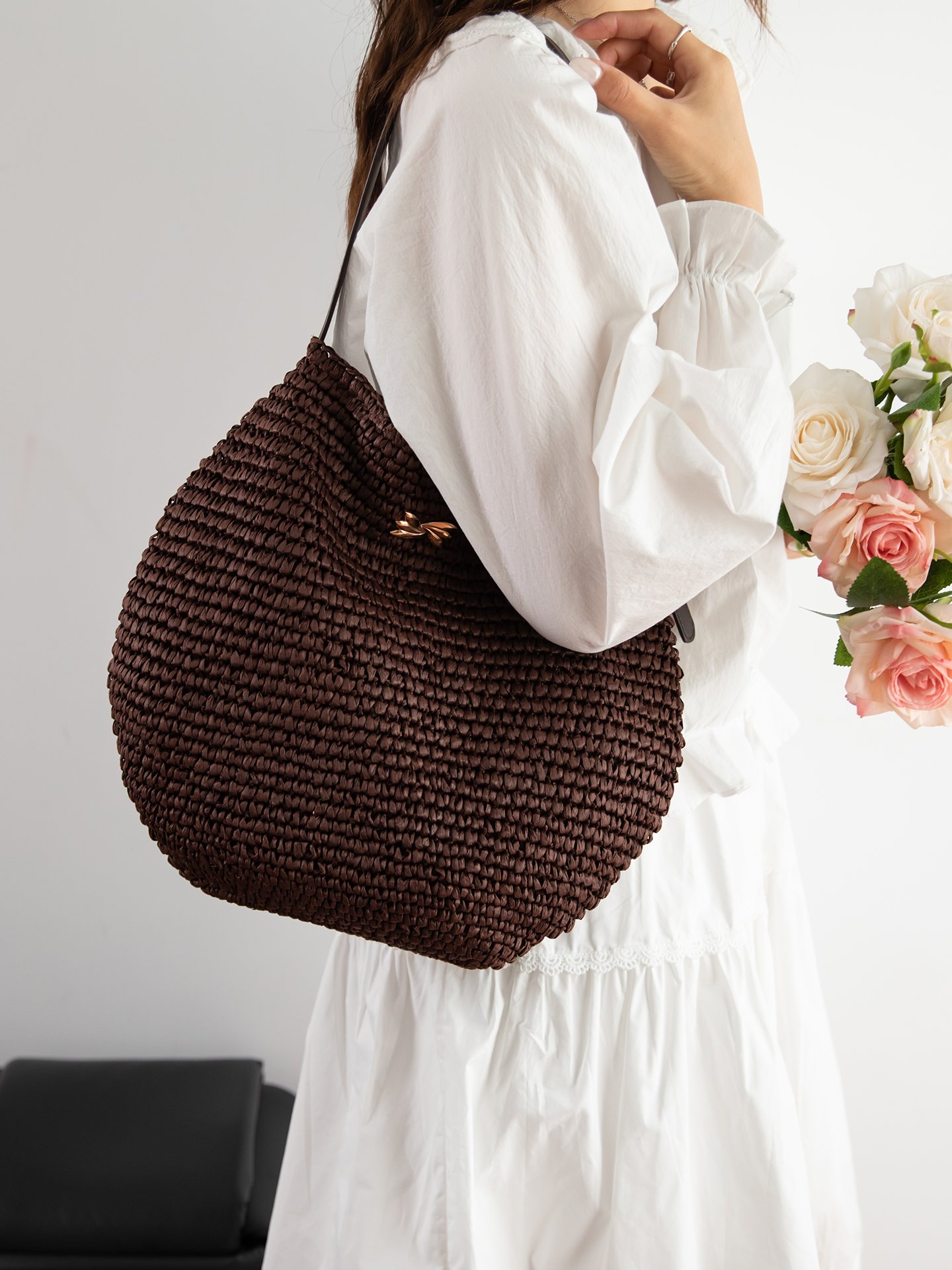 Coffee Brown Woven Shoulder Bag