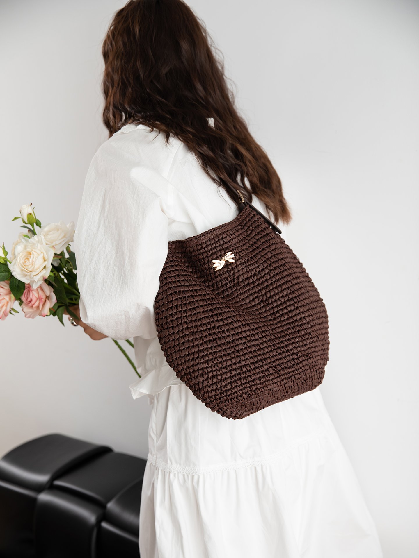 Coffee Brown Woven Shoulder Bag