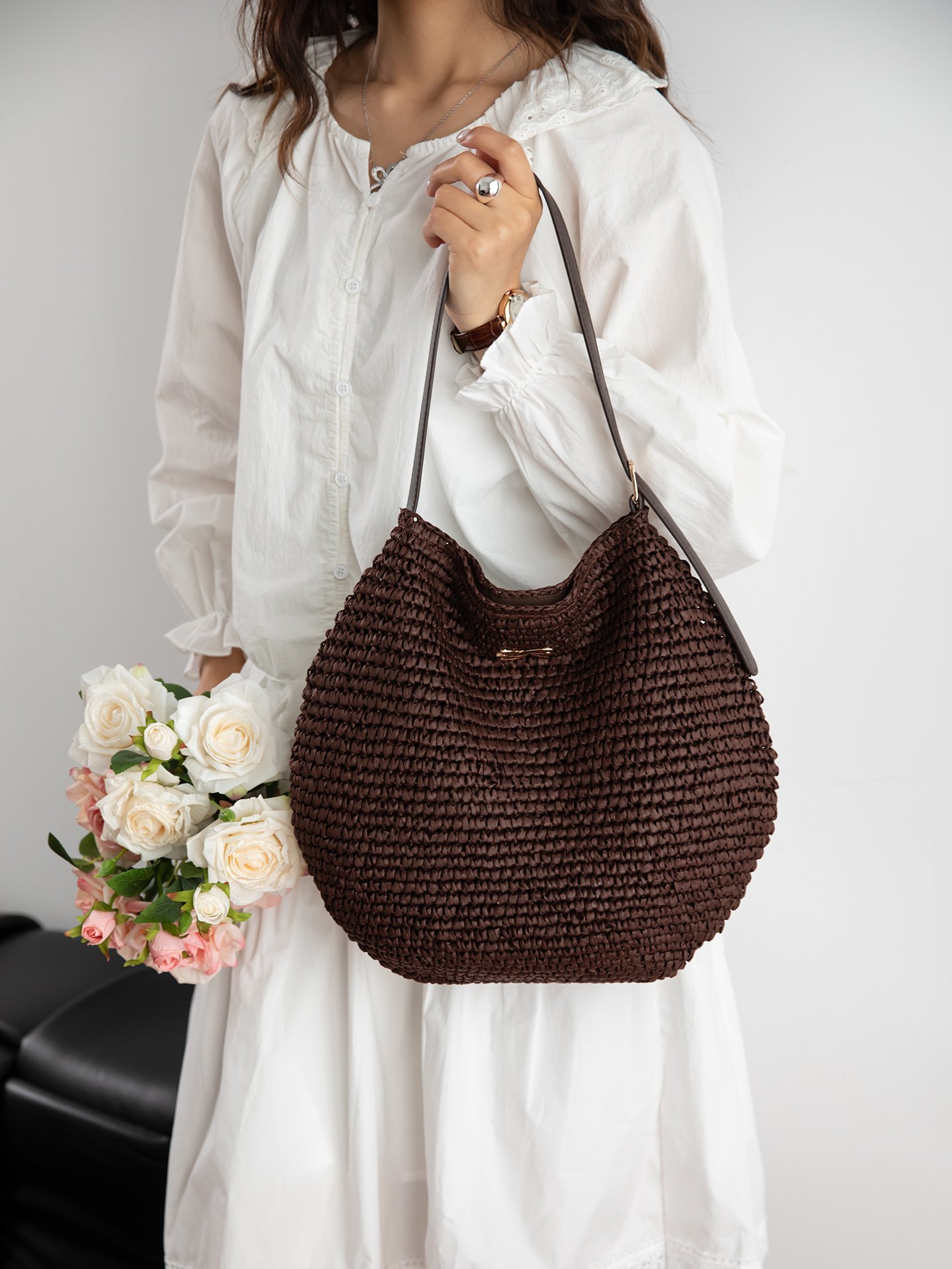 Coffee Brown Woven Shoulder Bag