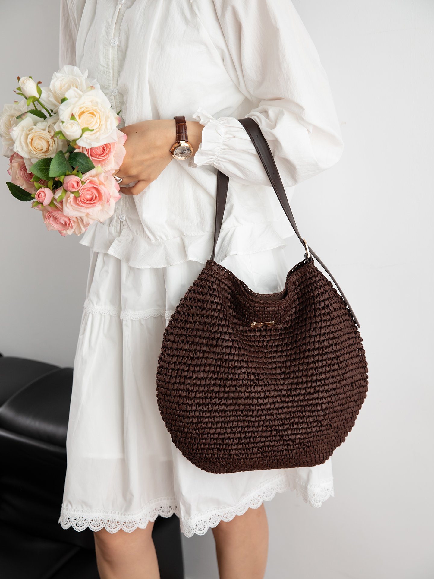 Coffee Brown Woven Shoulder Bag