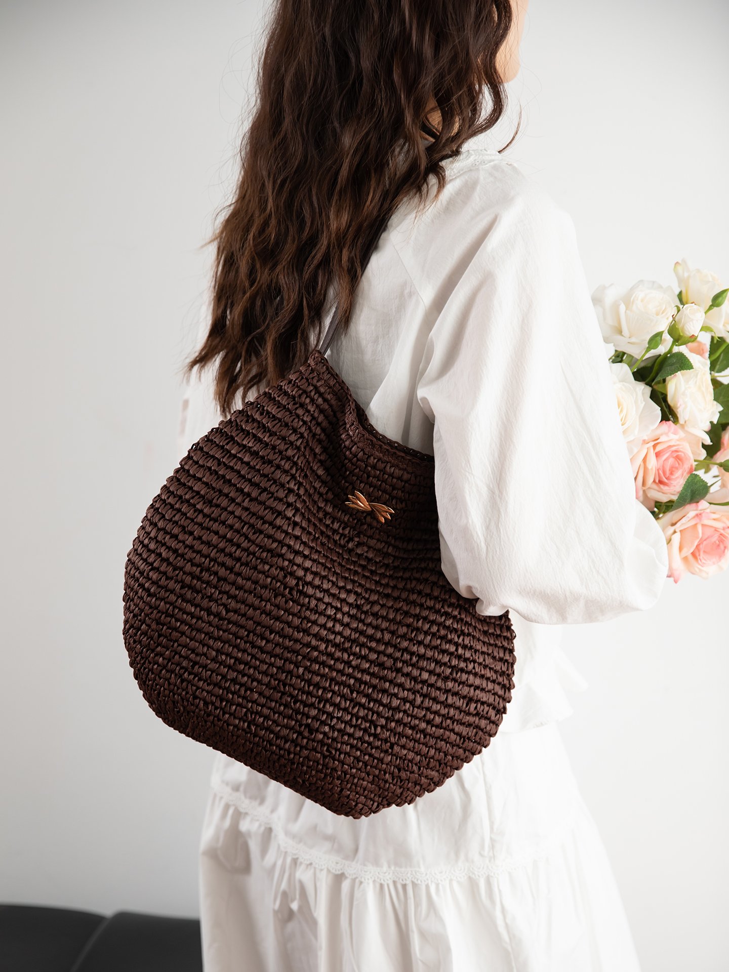 Coffee Brown Woven Shoulder Bag