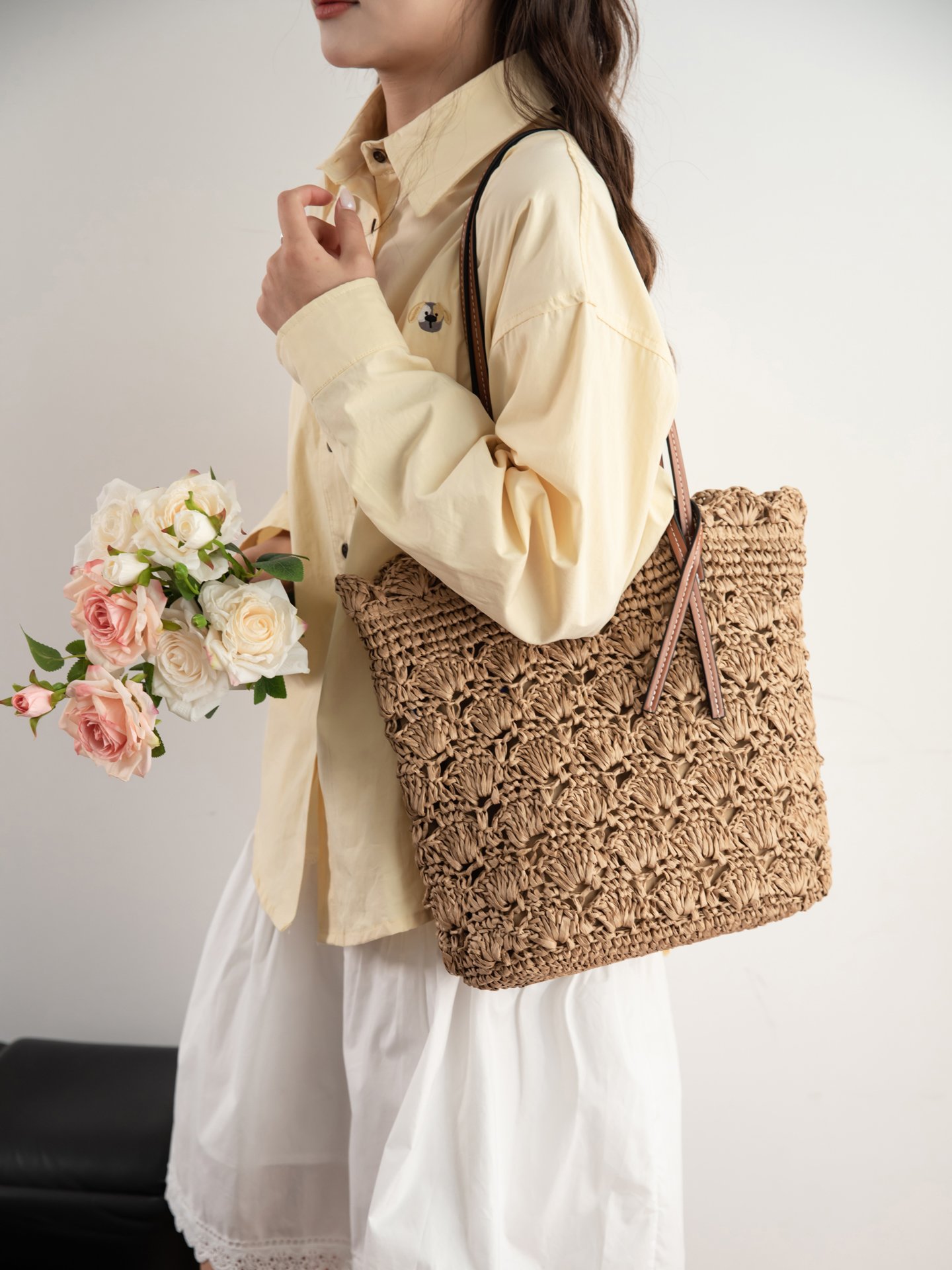 Khaki Woven Shoulder Bag and Beach