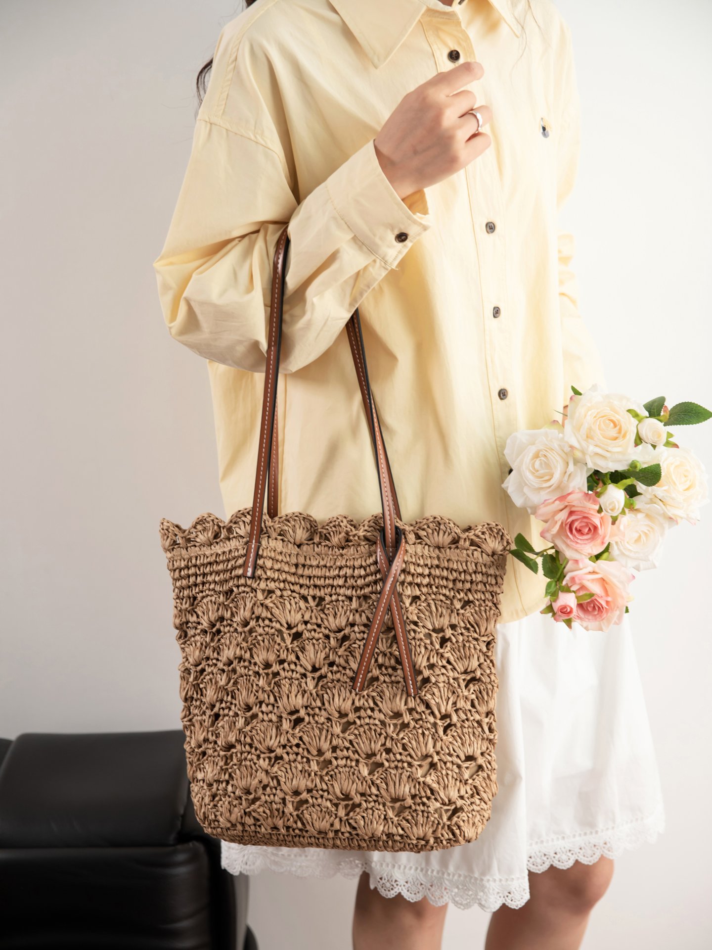 Khaki Woven Shoulder Bag and Beach