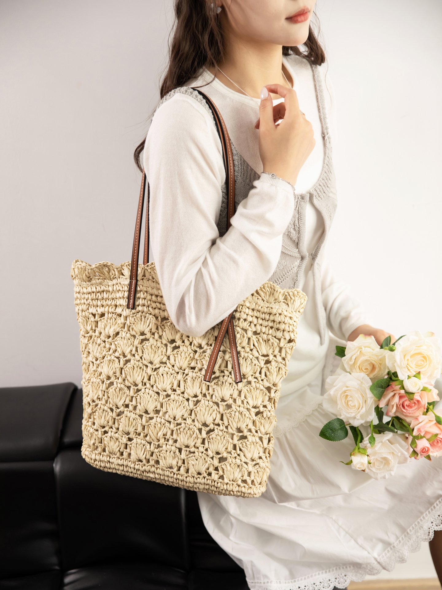 Off-White Straw Weave Shoulder Bag