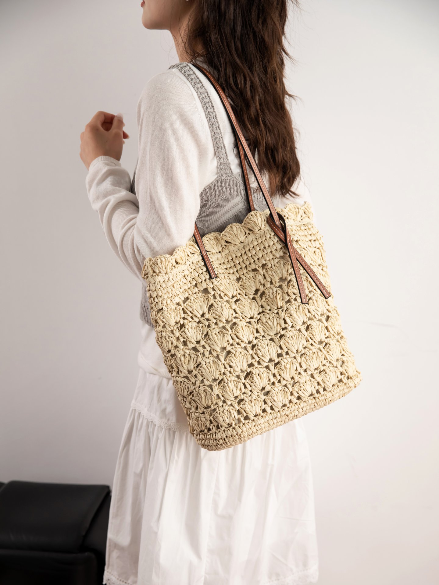 Off-White Straw Weave Shoulder Bag