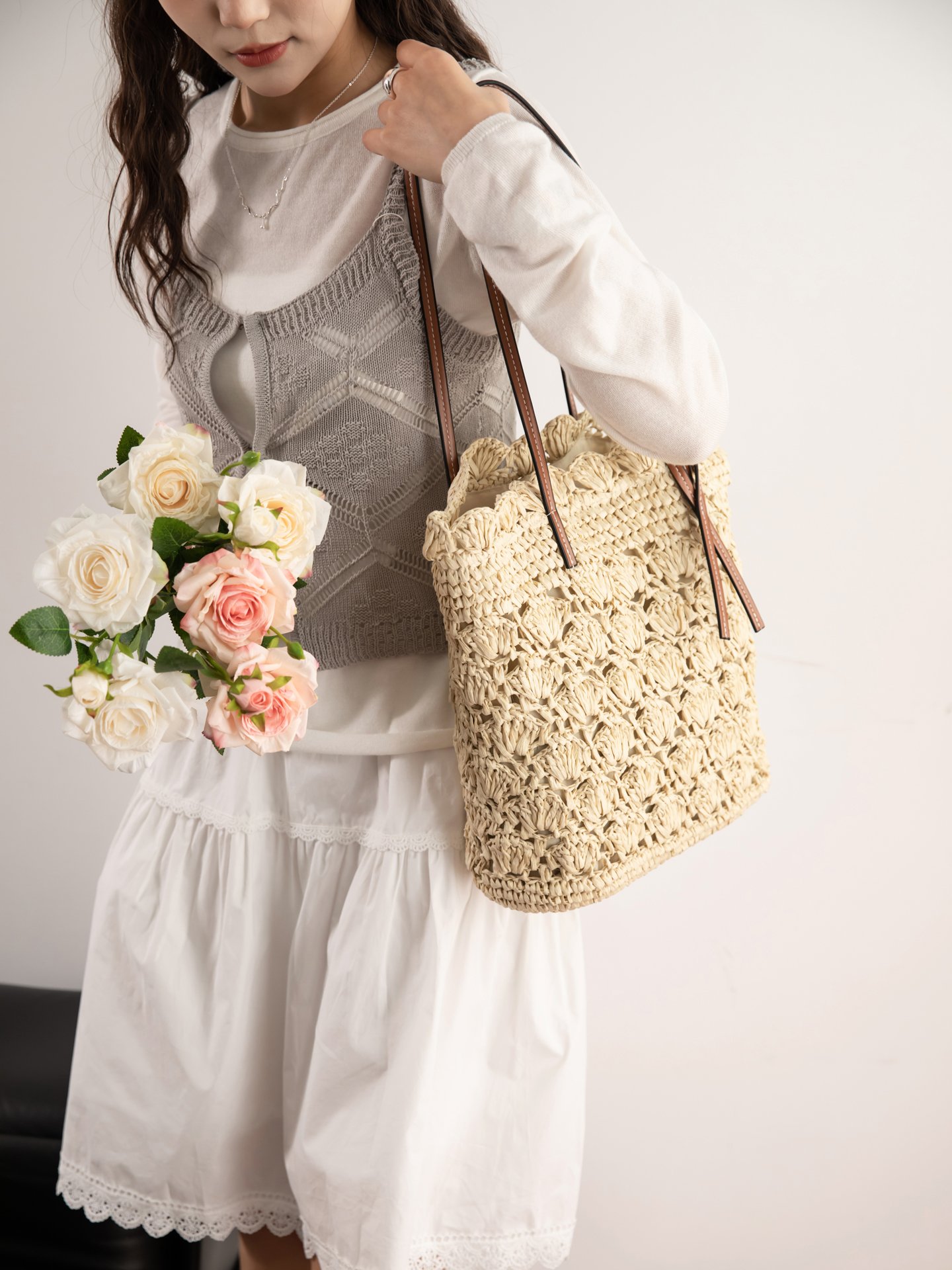 Off-White Straw Weave Shoulder Bag