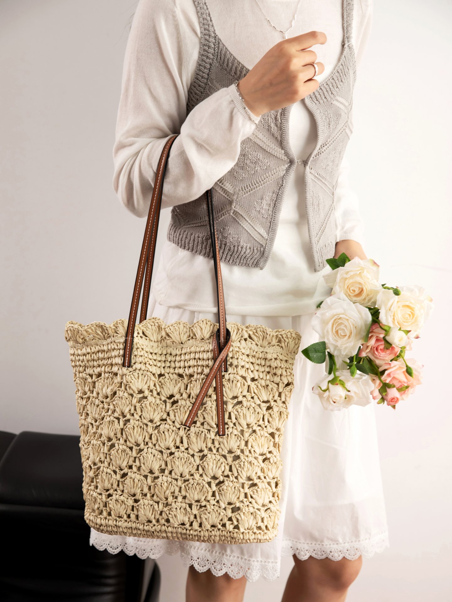 Off-White Straw Weave Shoulder Bag