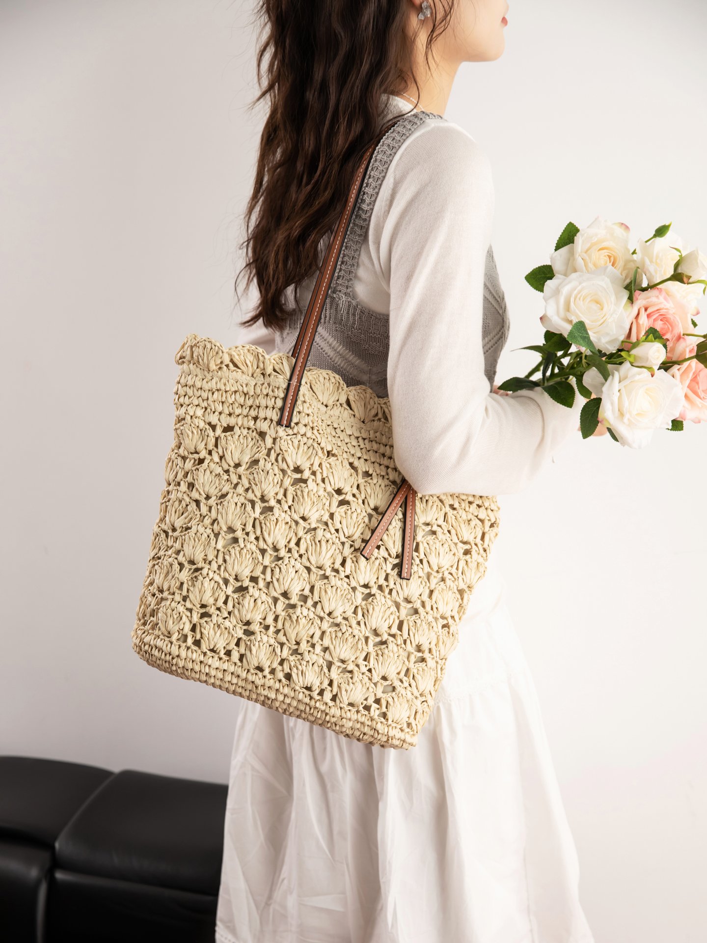 Off-White Straw Weave Shoulder Bag