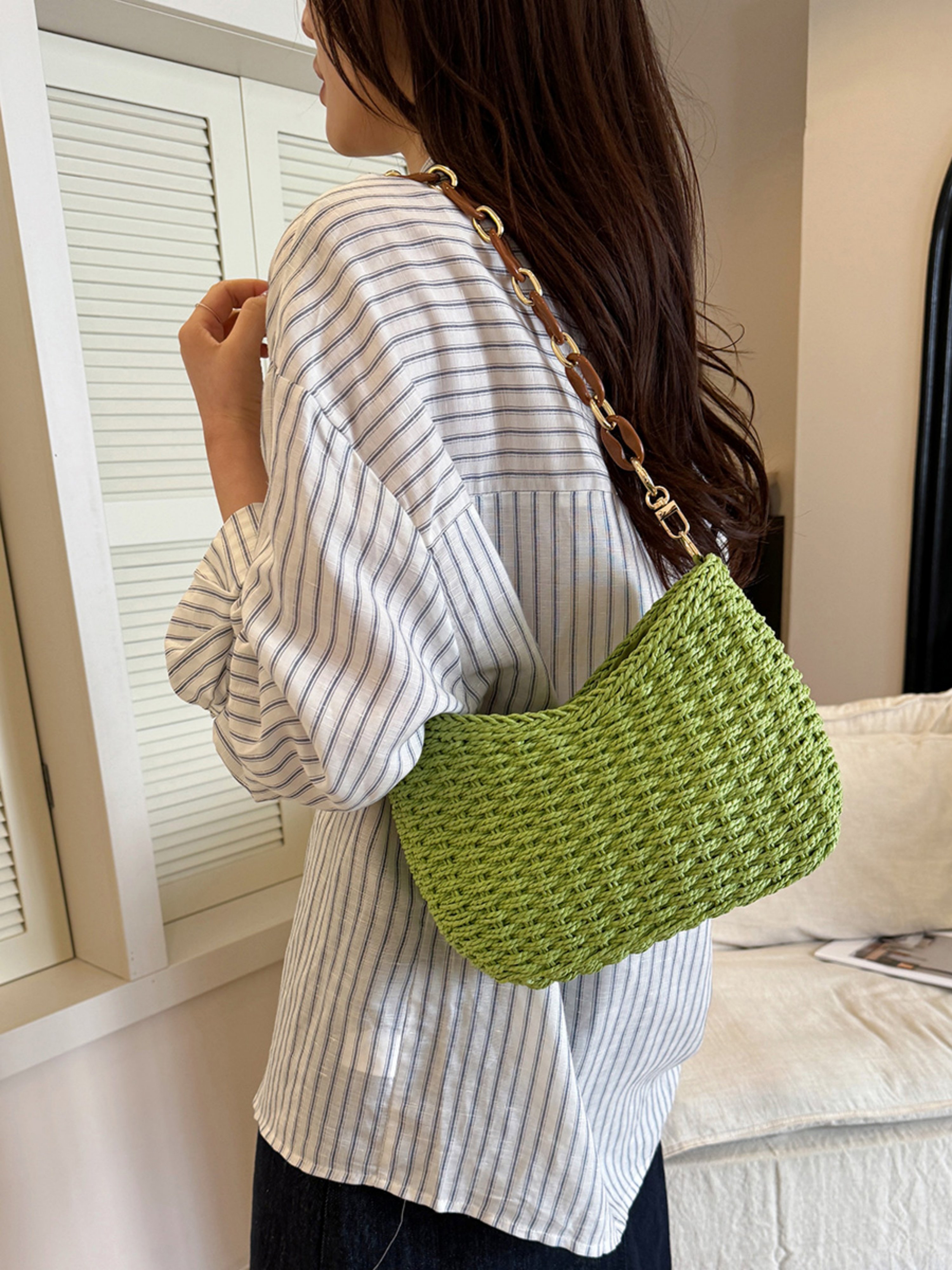 Green Woven Shoulder Bag with Chain Strap