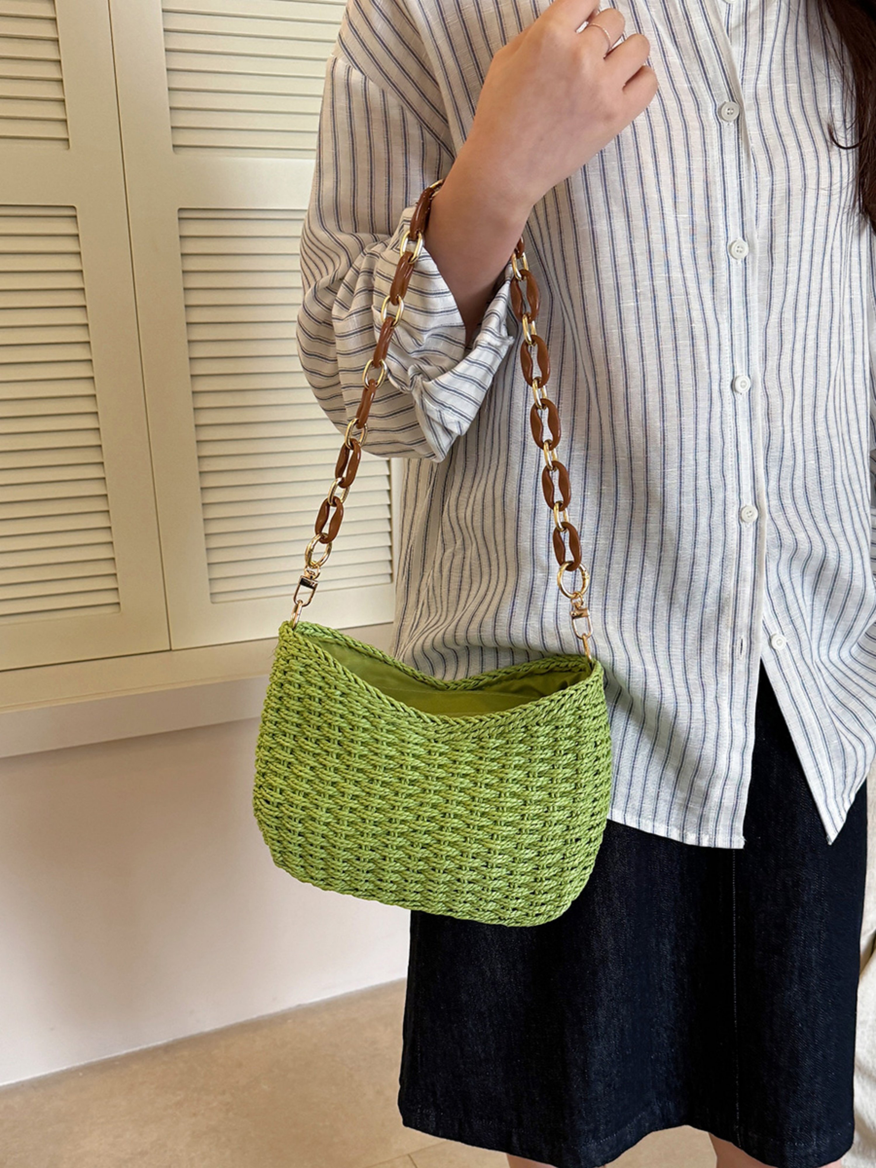 Green Woven Shoulder Bag with Chain Strap