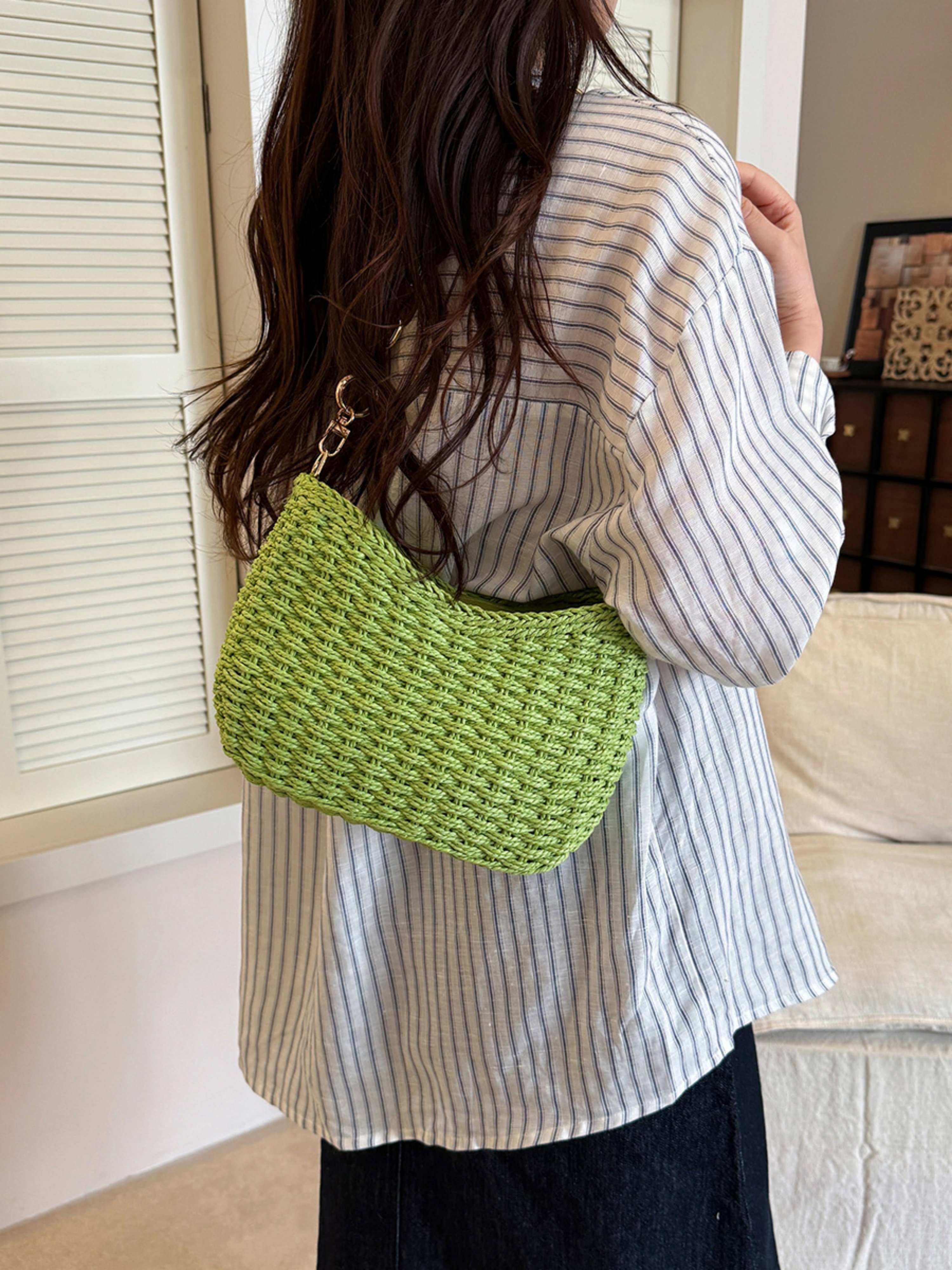 Green Woven Shoulder Bag with Chain Strap