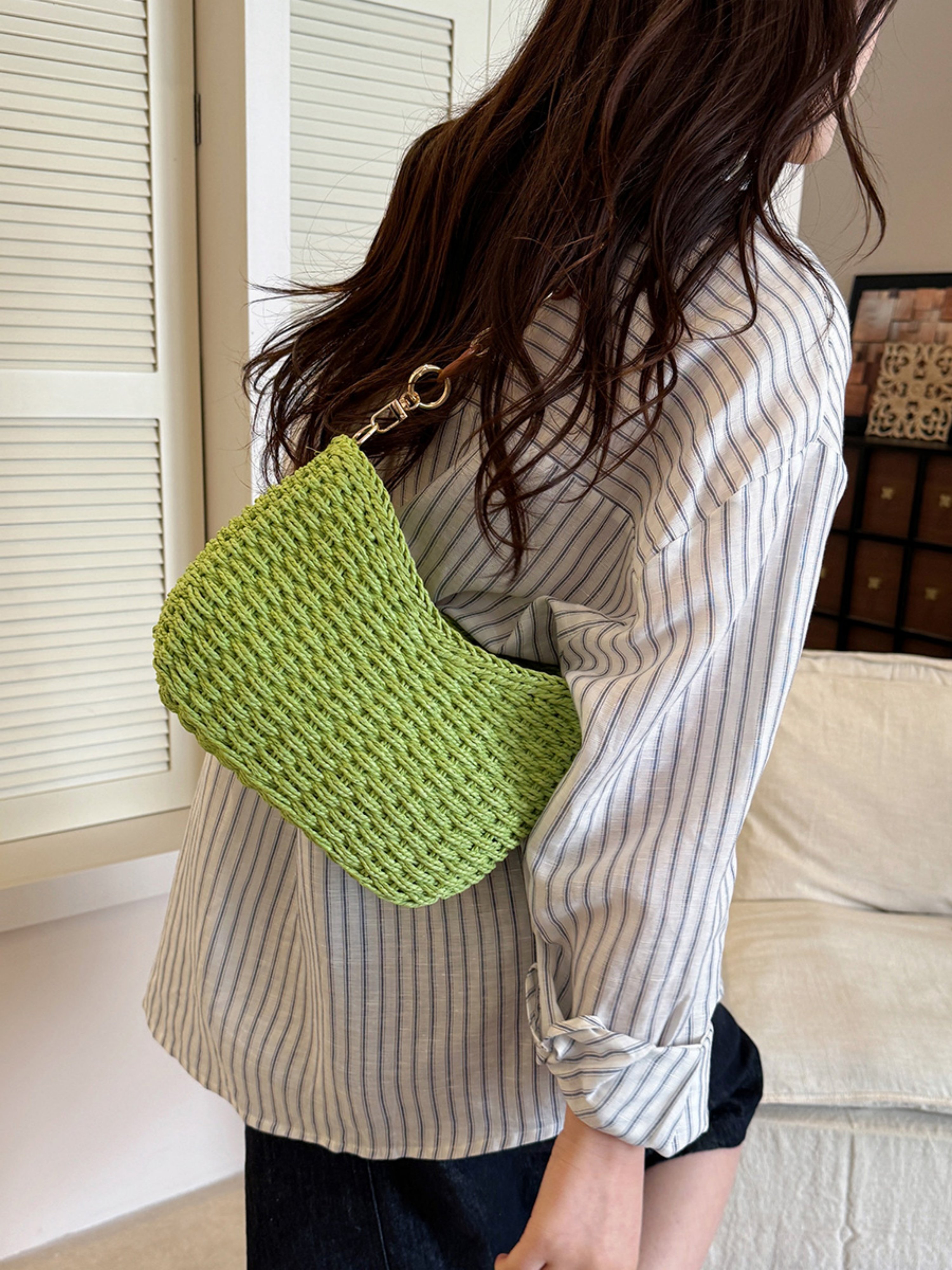 Green Woven Shoulder Bag with Chain Strap