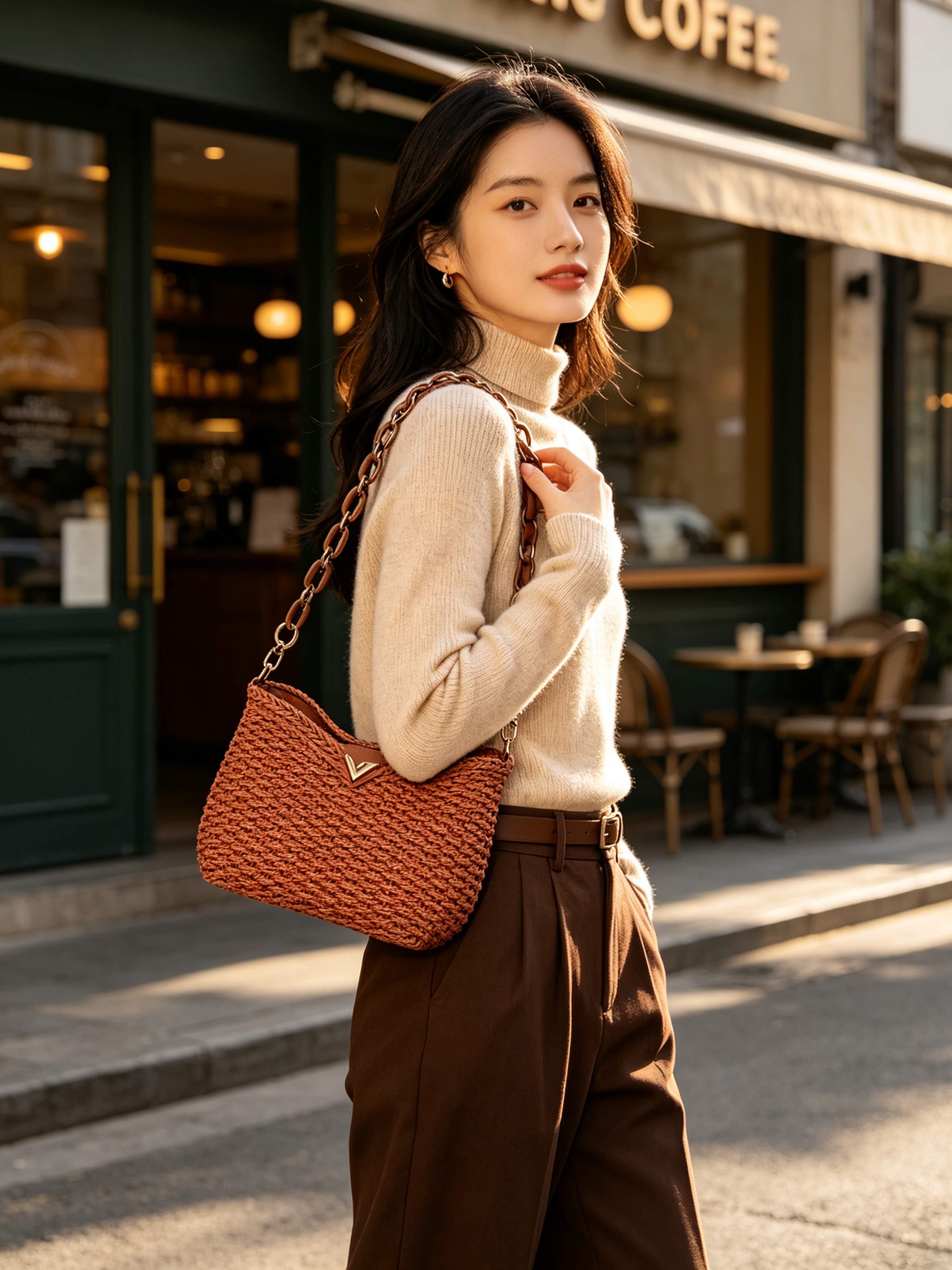 Brown Woven Shoulder Bag with Chain Strap