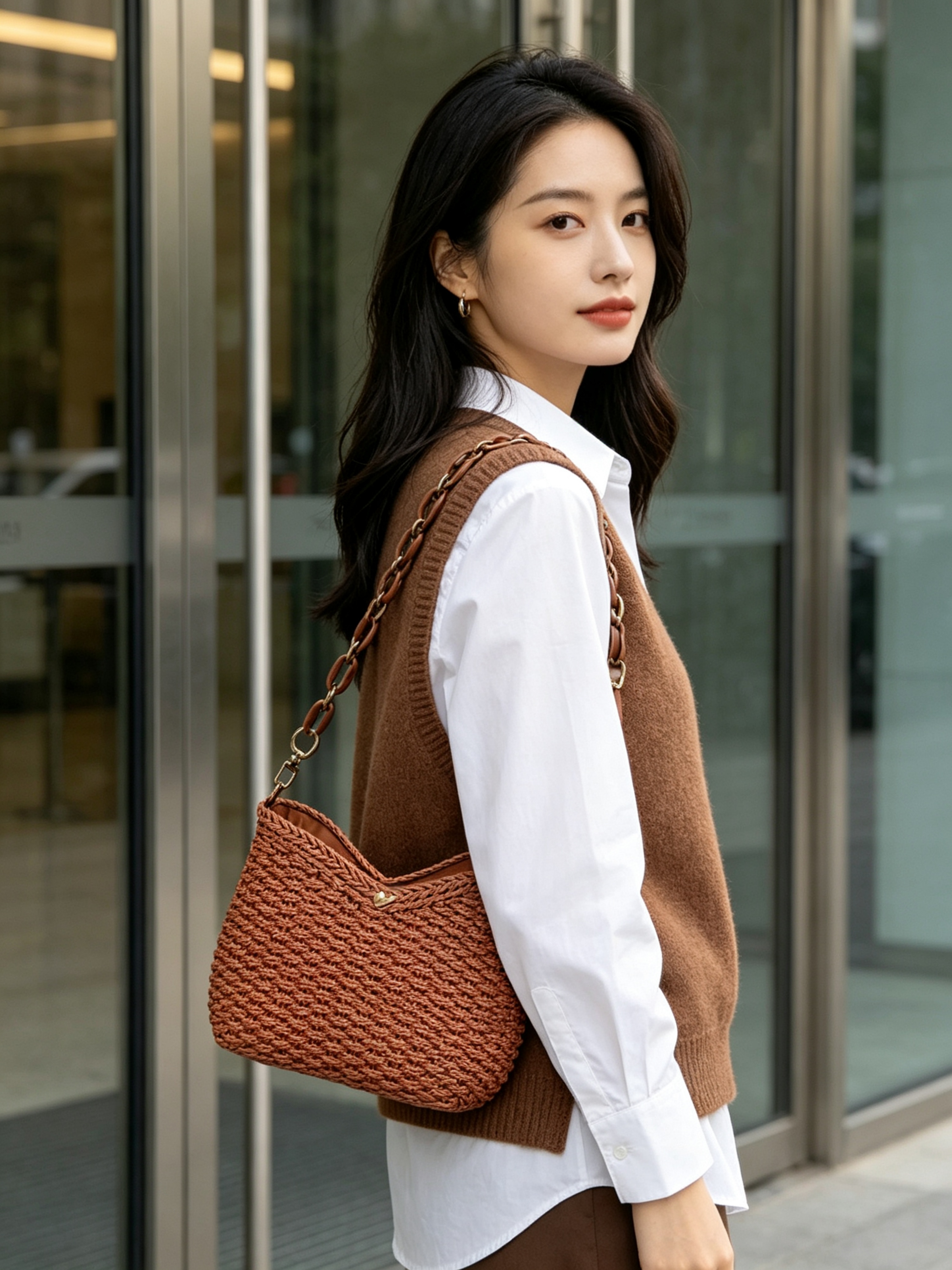 Brown Woven Shoulder Bag with Chain Strap