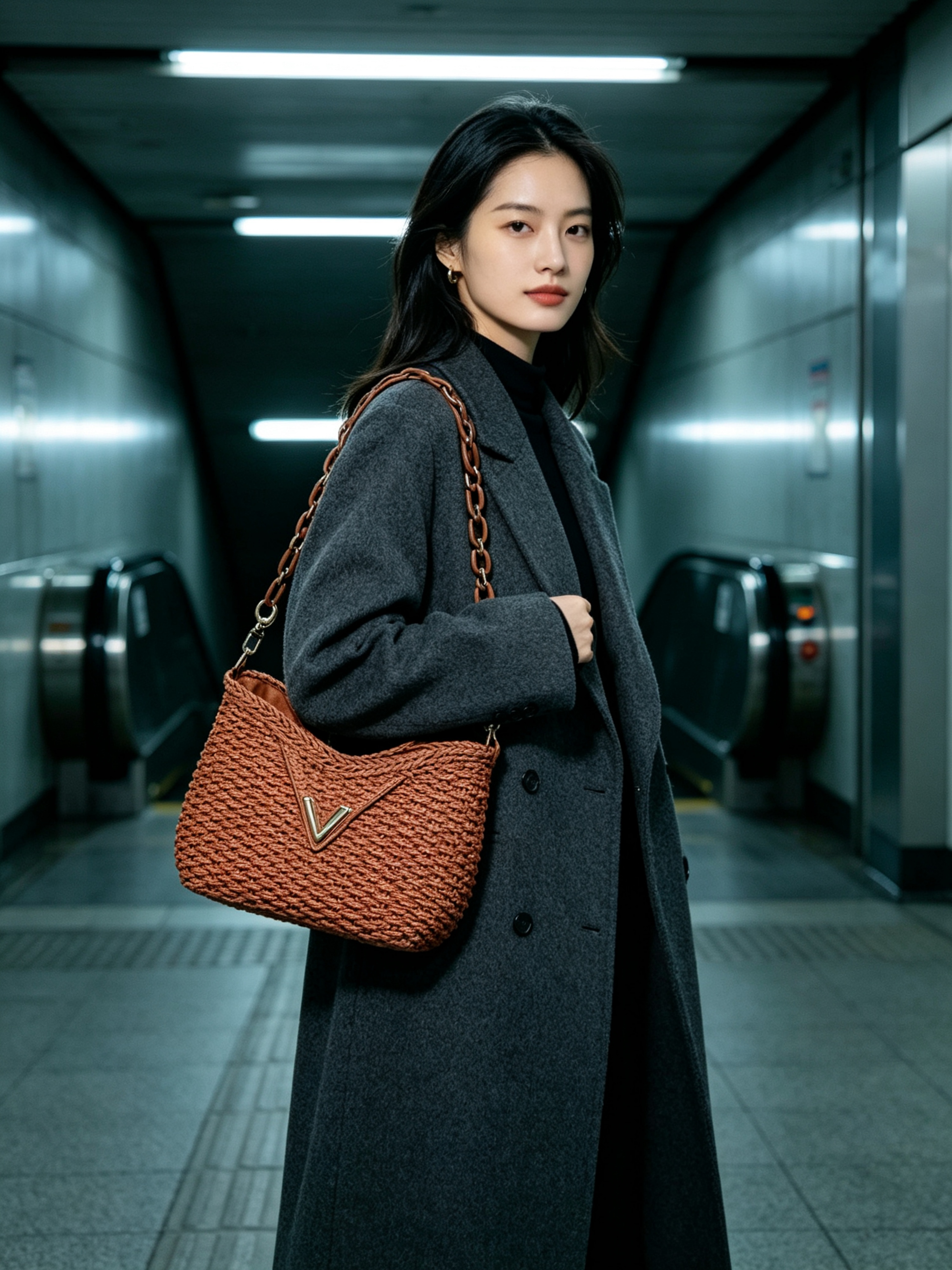 Brown Woven Shoulder Bag with Chain Strap