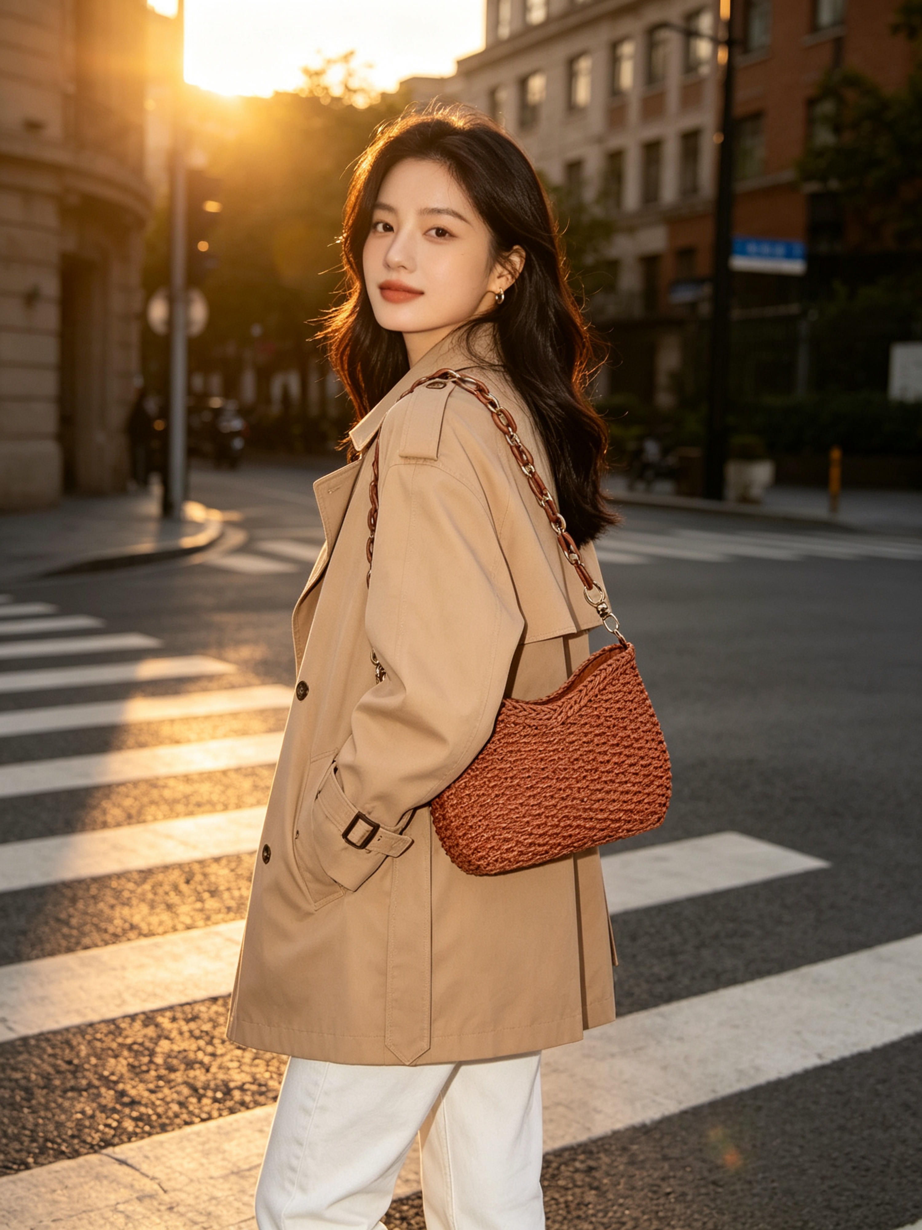 Brown Woven Shoulder Bag with Chain Strap