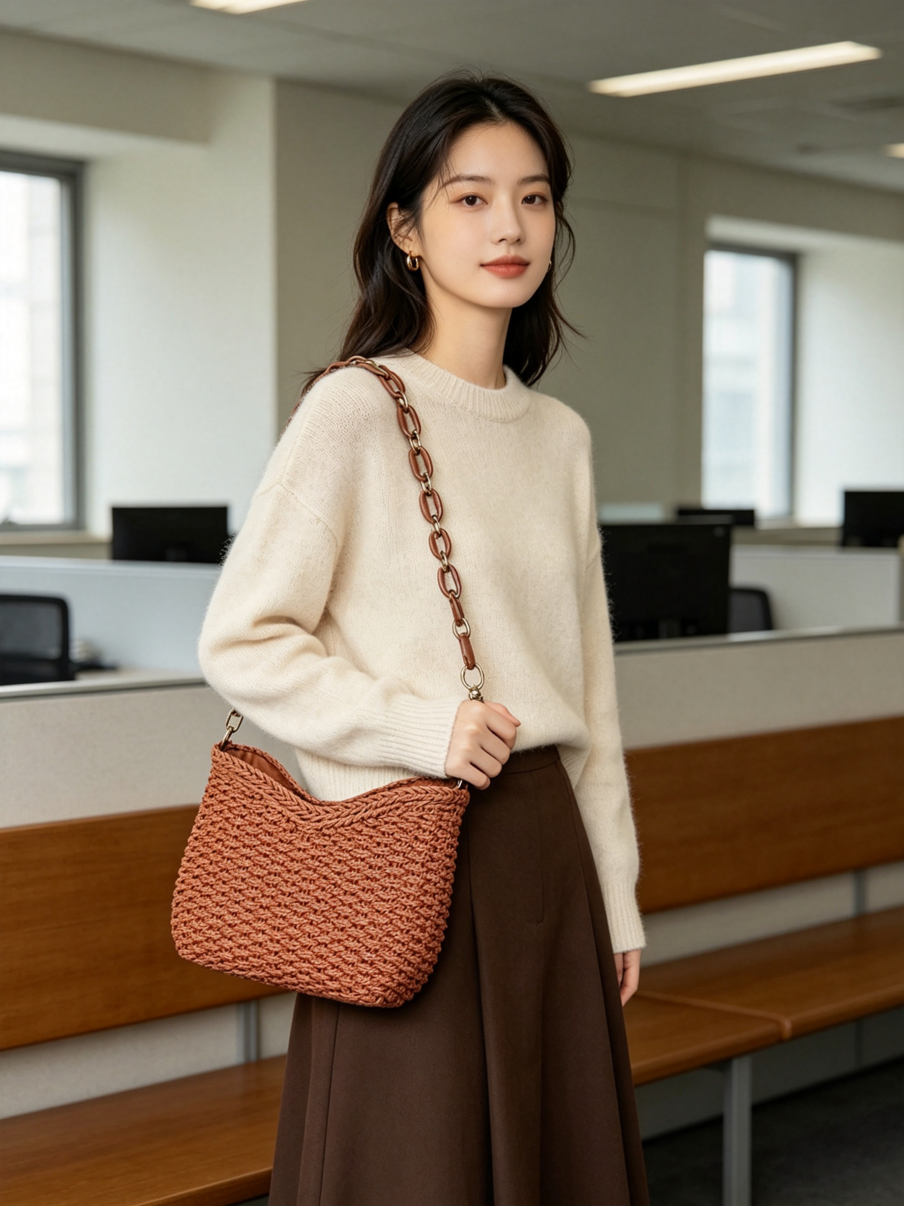 Brown Woven Shoulder Bag with Chain Strap