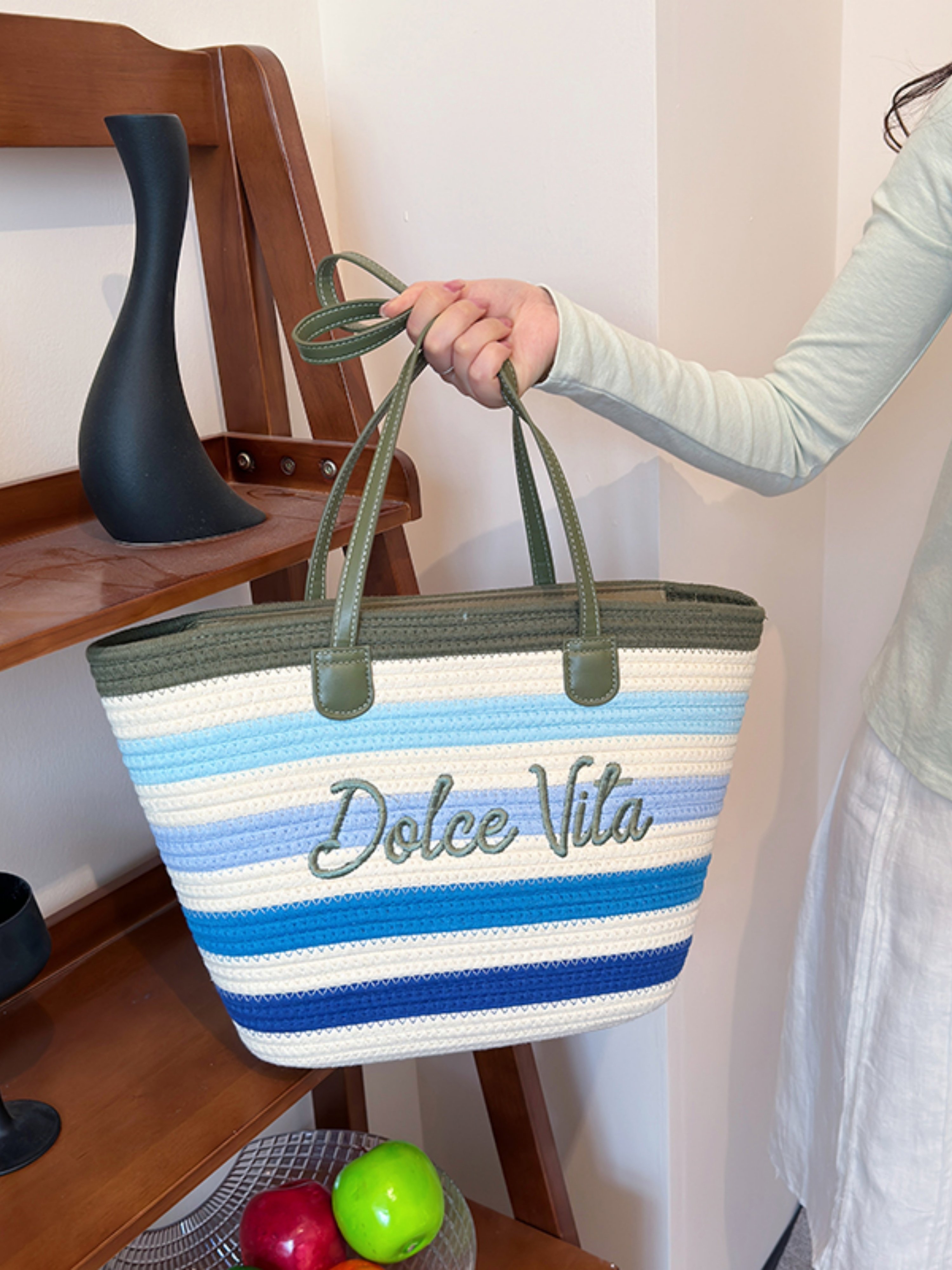 Multi-Color Striped Dolce Vita Tote Bag with Green Handles