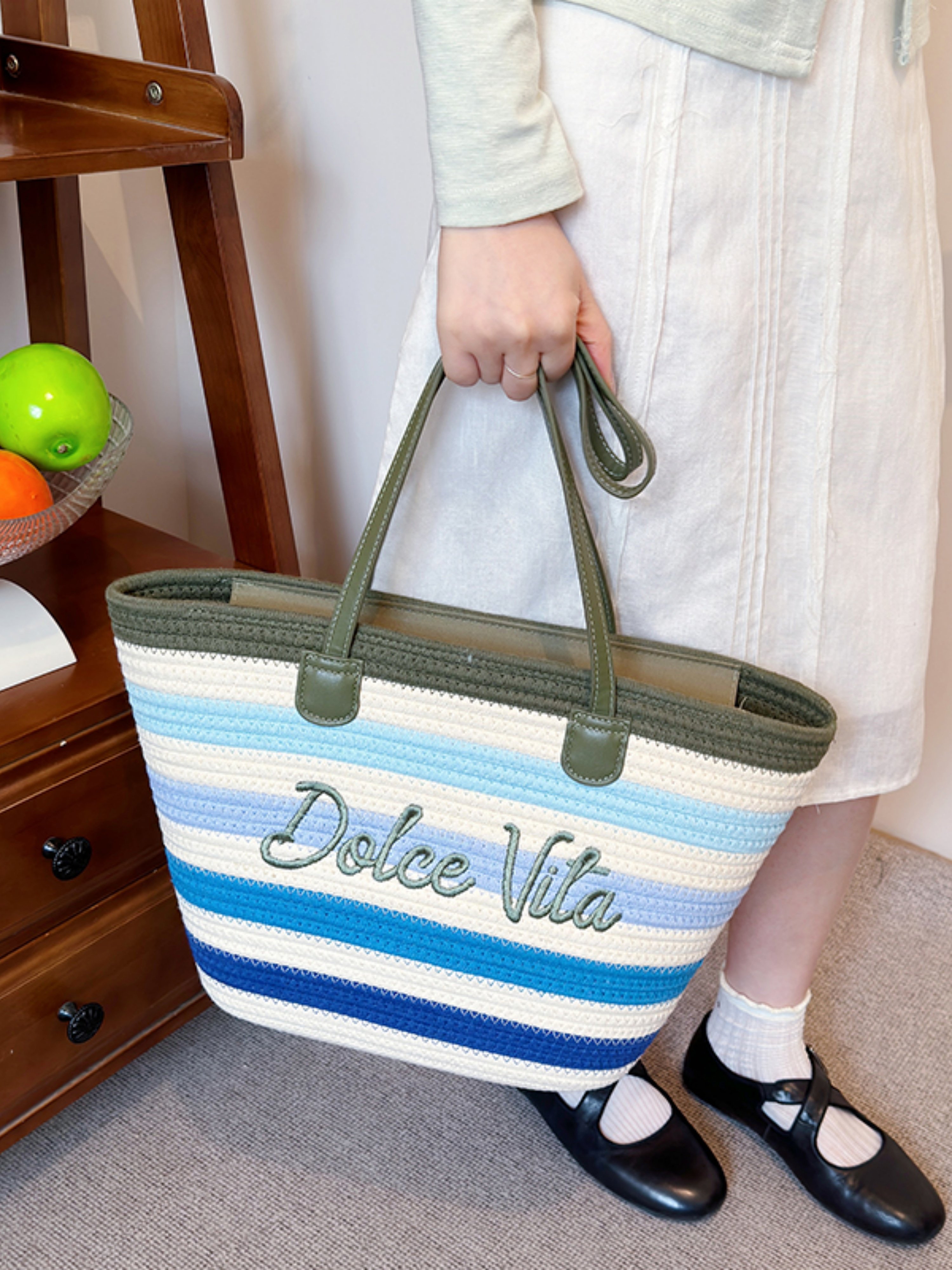 Multi-Color Striped Dolce Vita Tote Bag with Green Handles