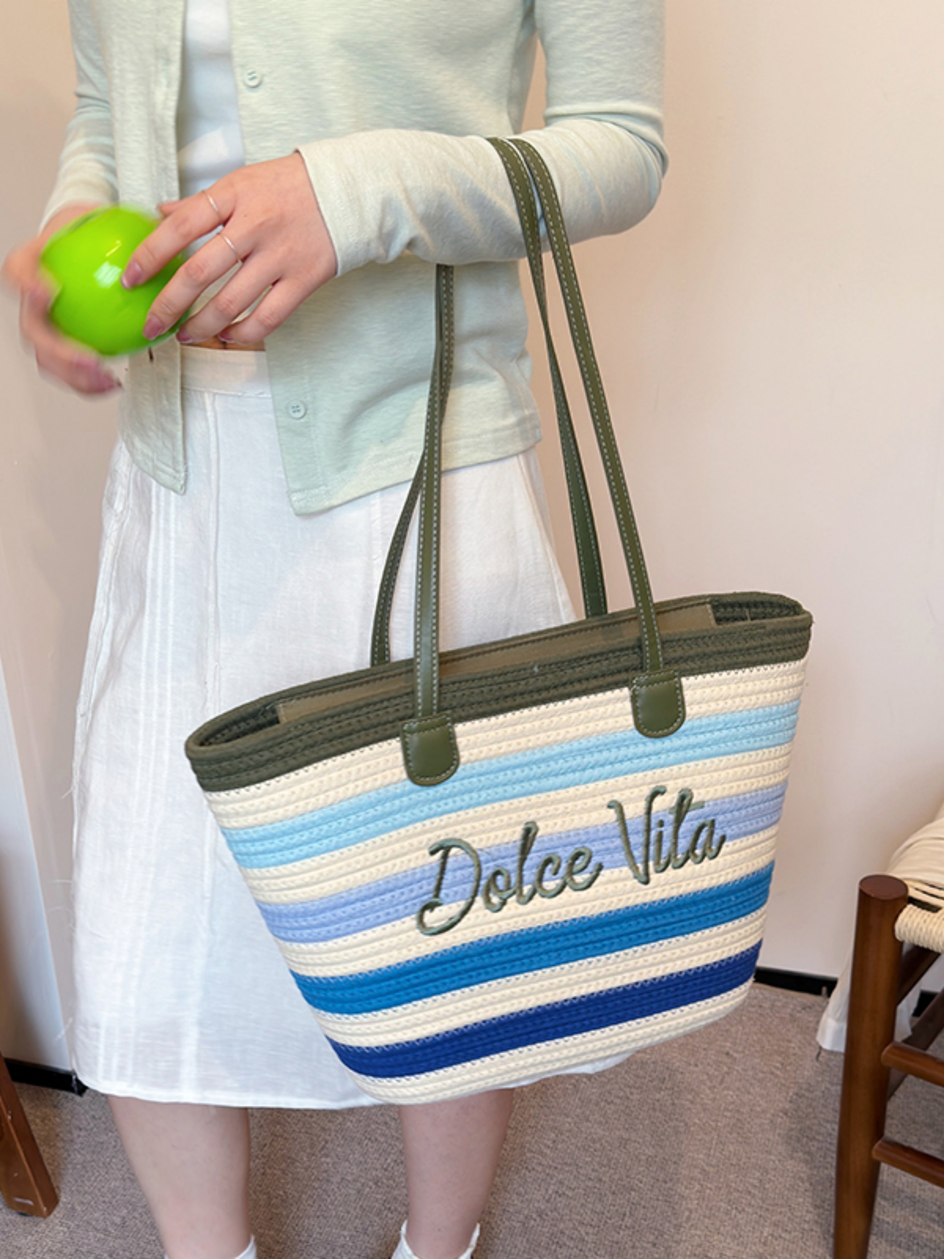Multi-Color Striped Dolce Vita Tote Bag with Green Handles