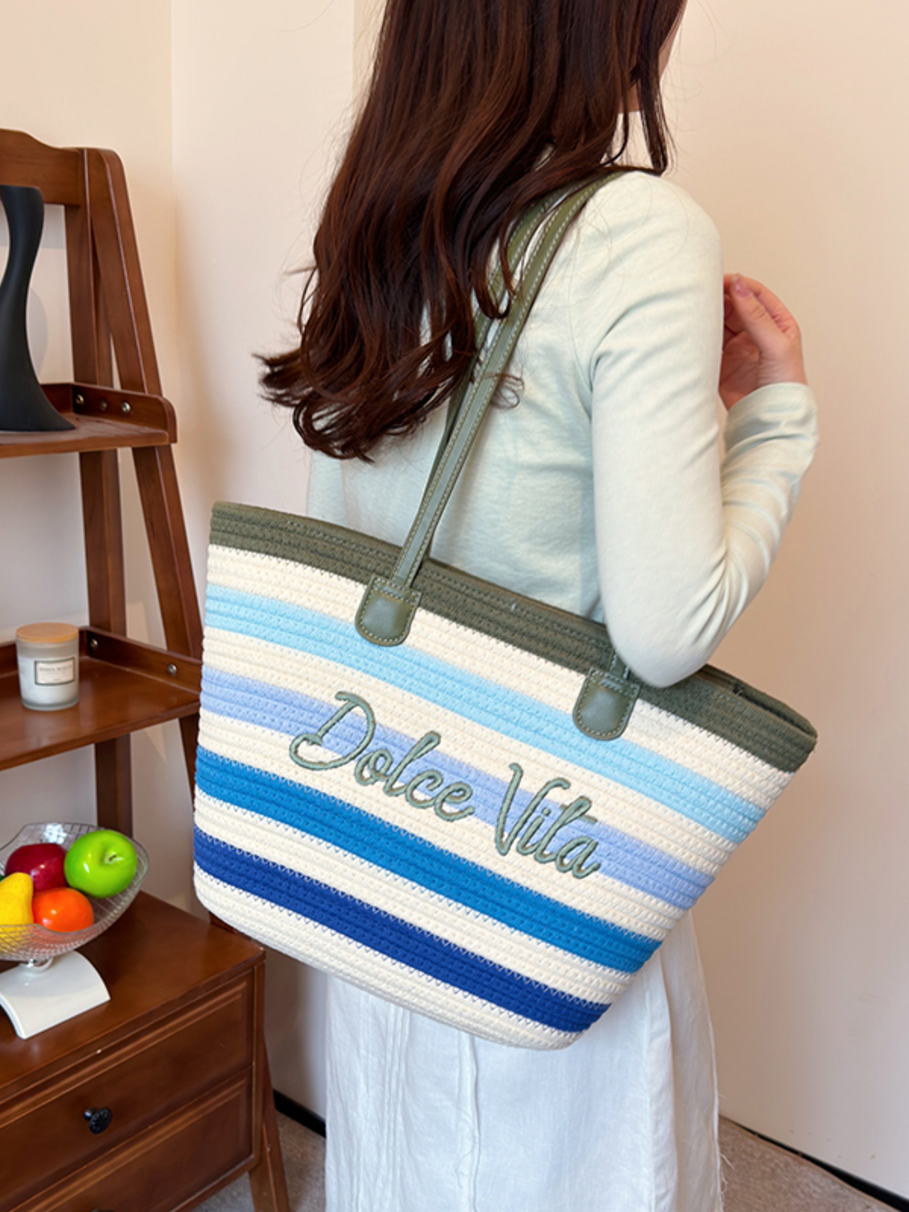 Multi-Color Striped Dolce Vita Tote Bag with Green Handles