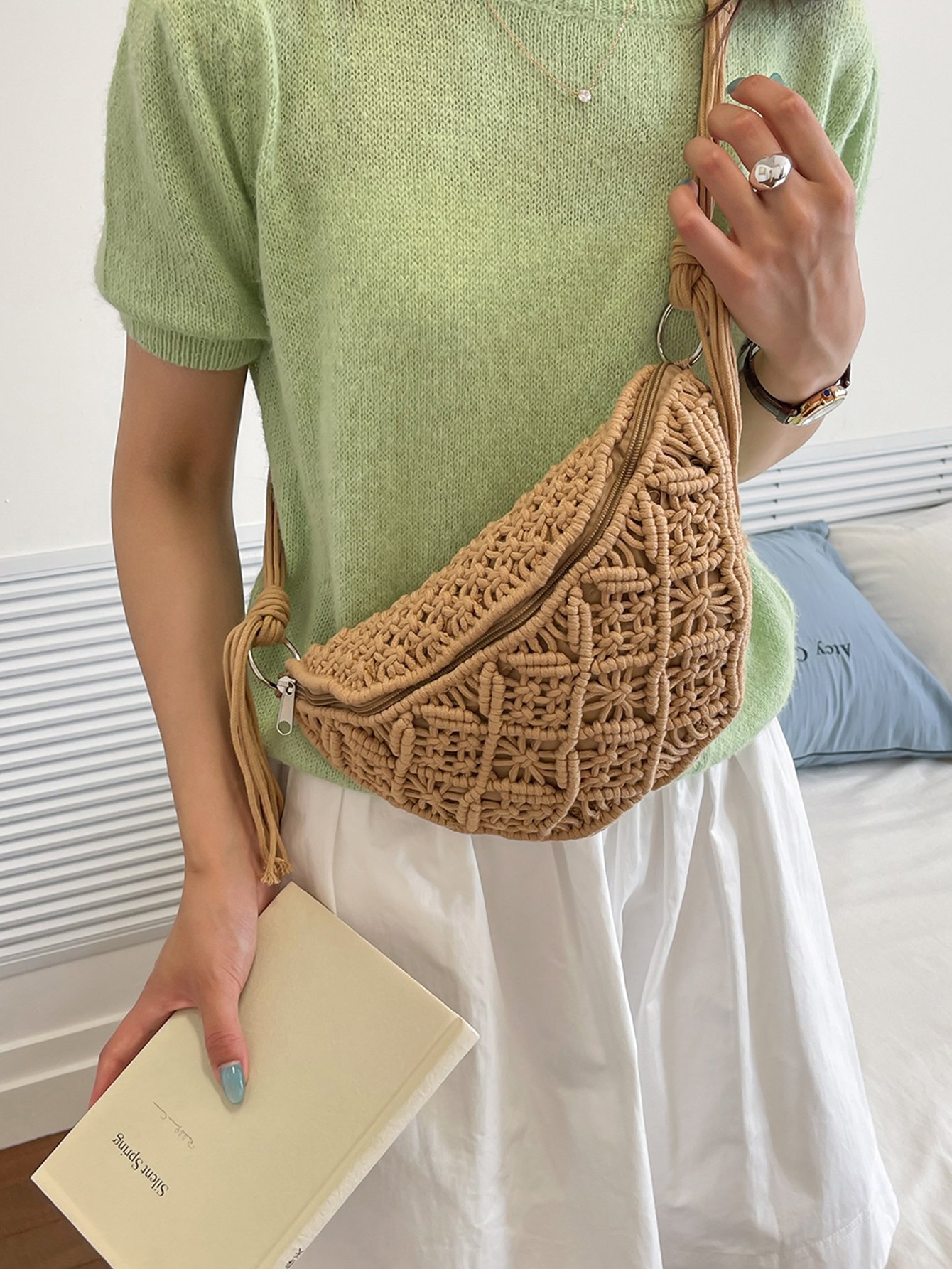 Tan Macrame Crossbody Bag