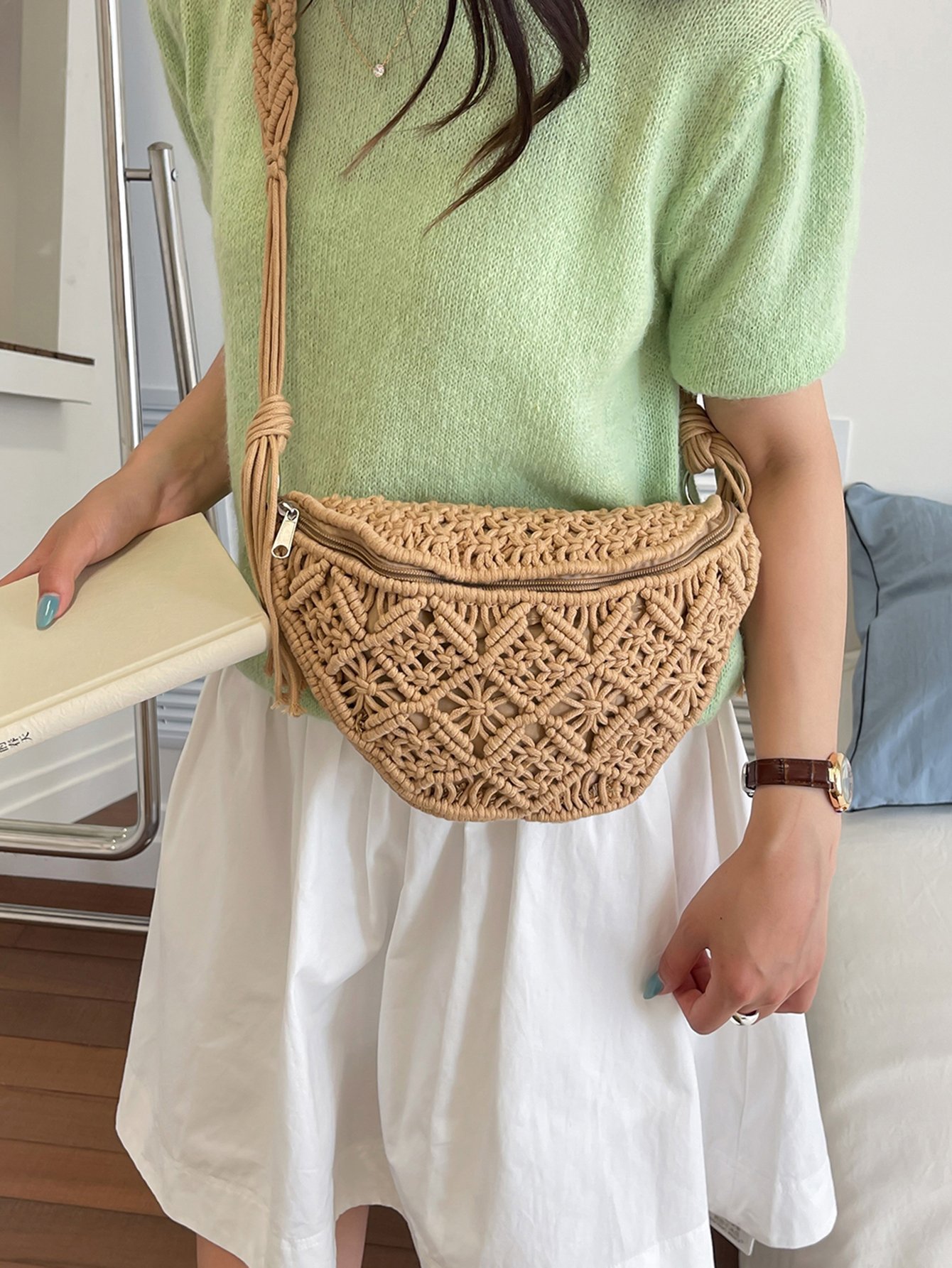 Tan Macrame Crossbody Bag