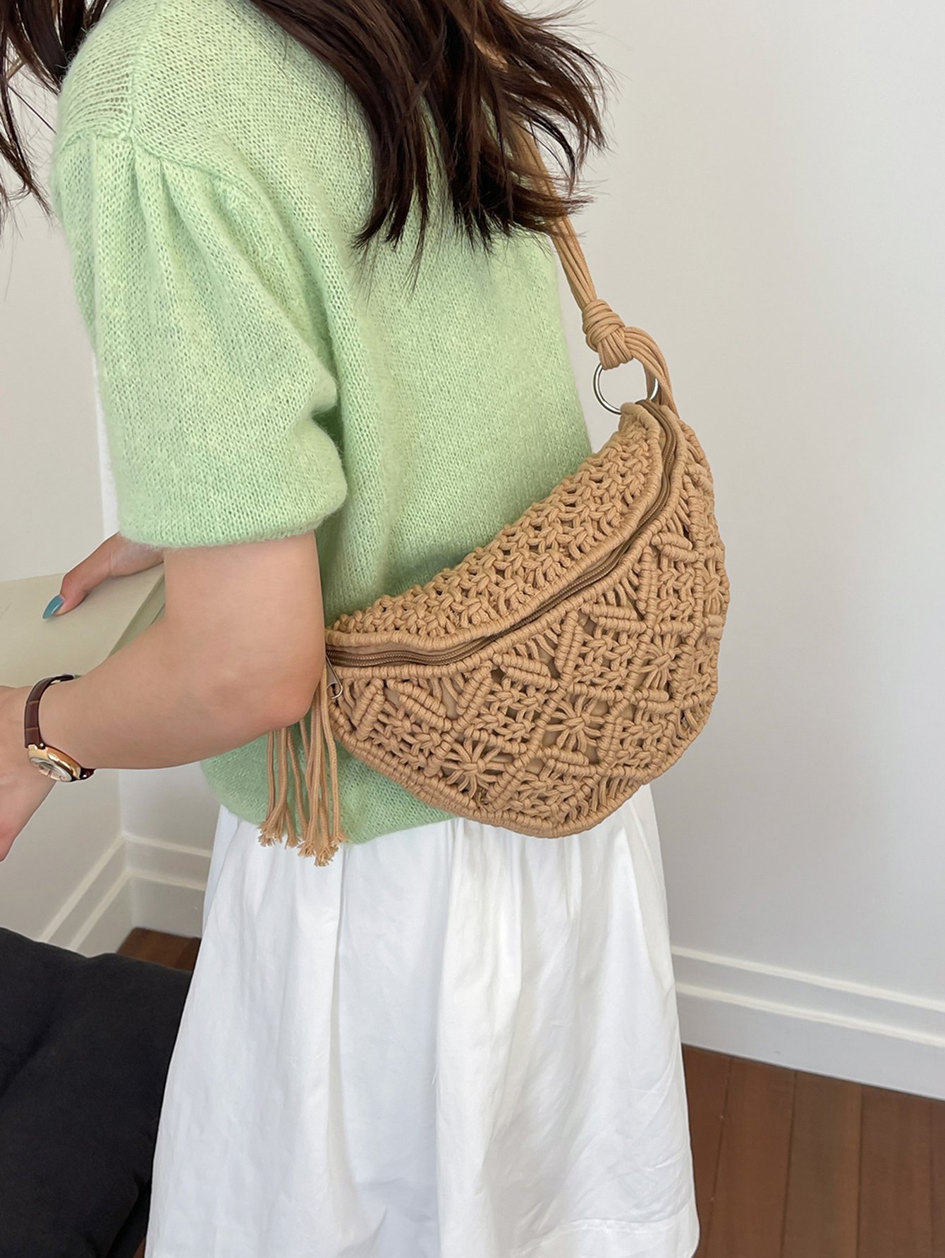 Tan Macrame Crossbody Bag