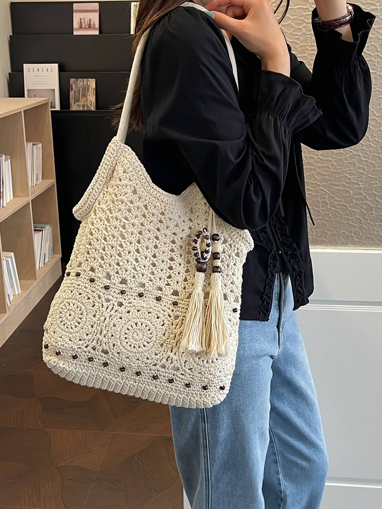 White Crochet Tote Bag with Tassel Charm
