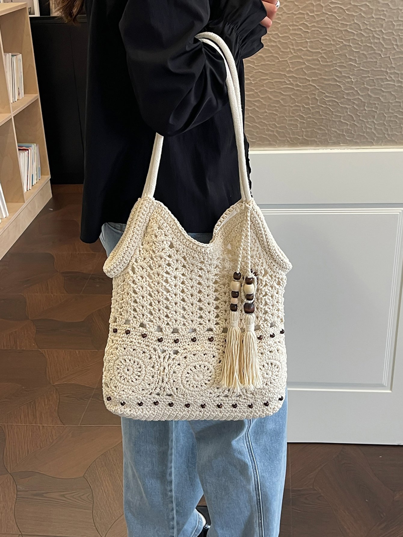 White Crochet Tote Bag with Tassel Charm