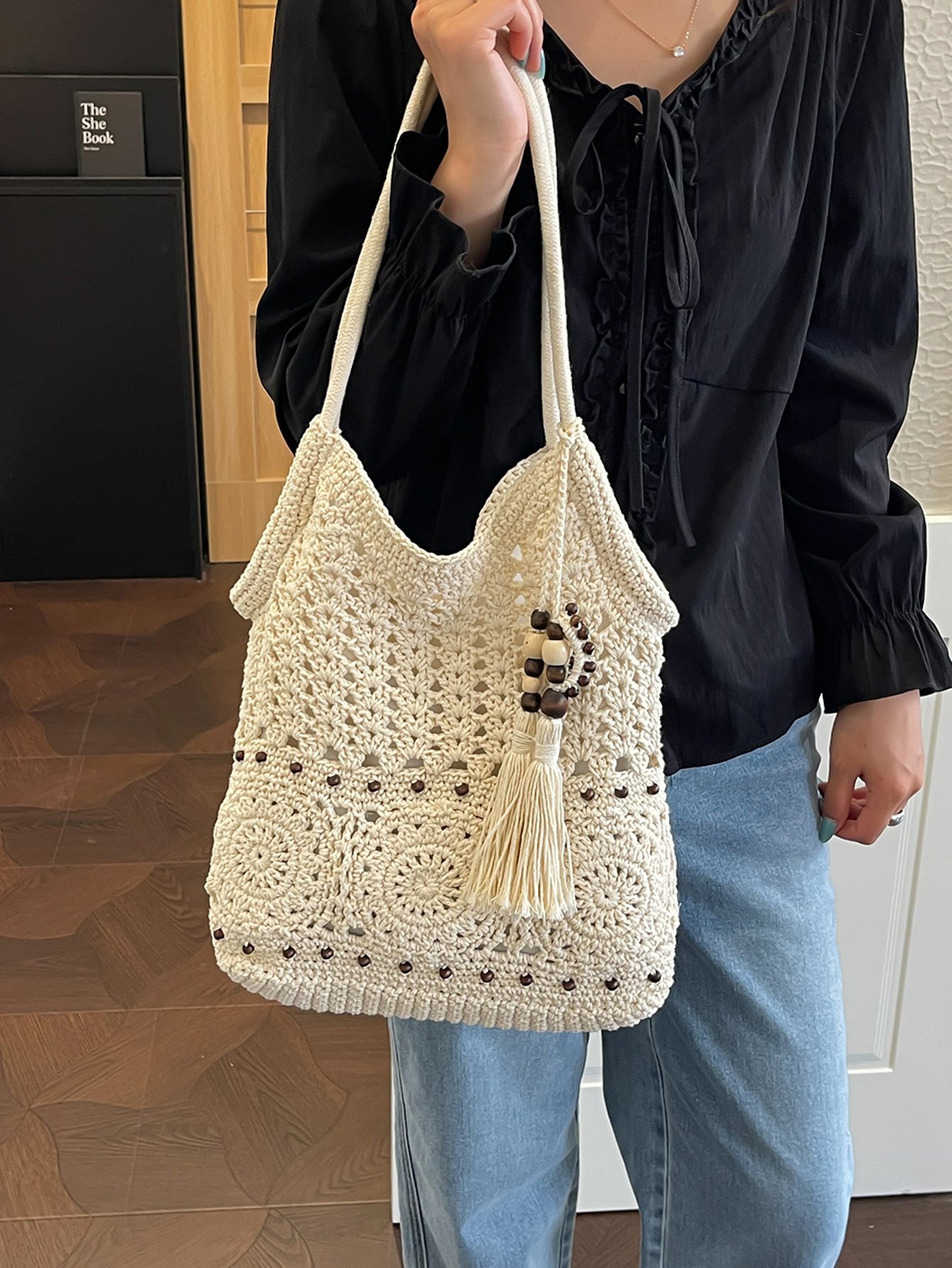 White Crochet Tote Bag with Tassel Charm