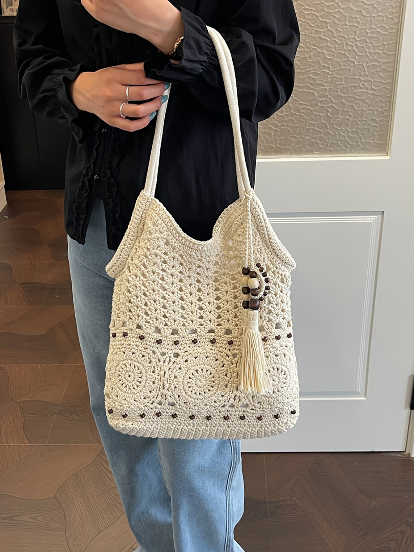 White Crochet Tote Bag with Tassel Charm