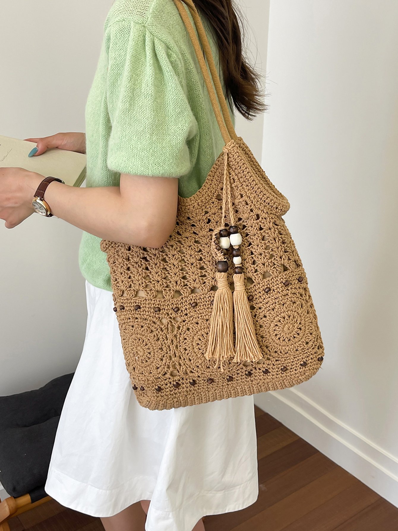 Tan Crochet Tote Bag with Tassel and Bead Detail