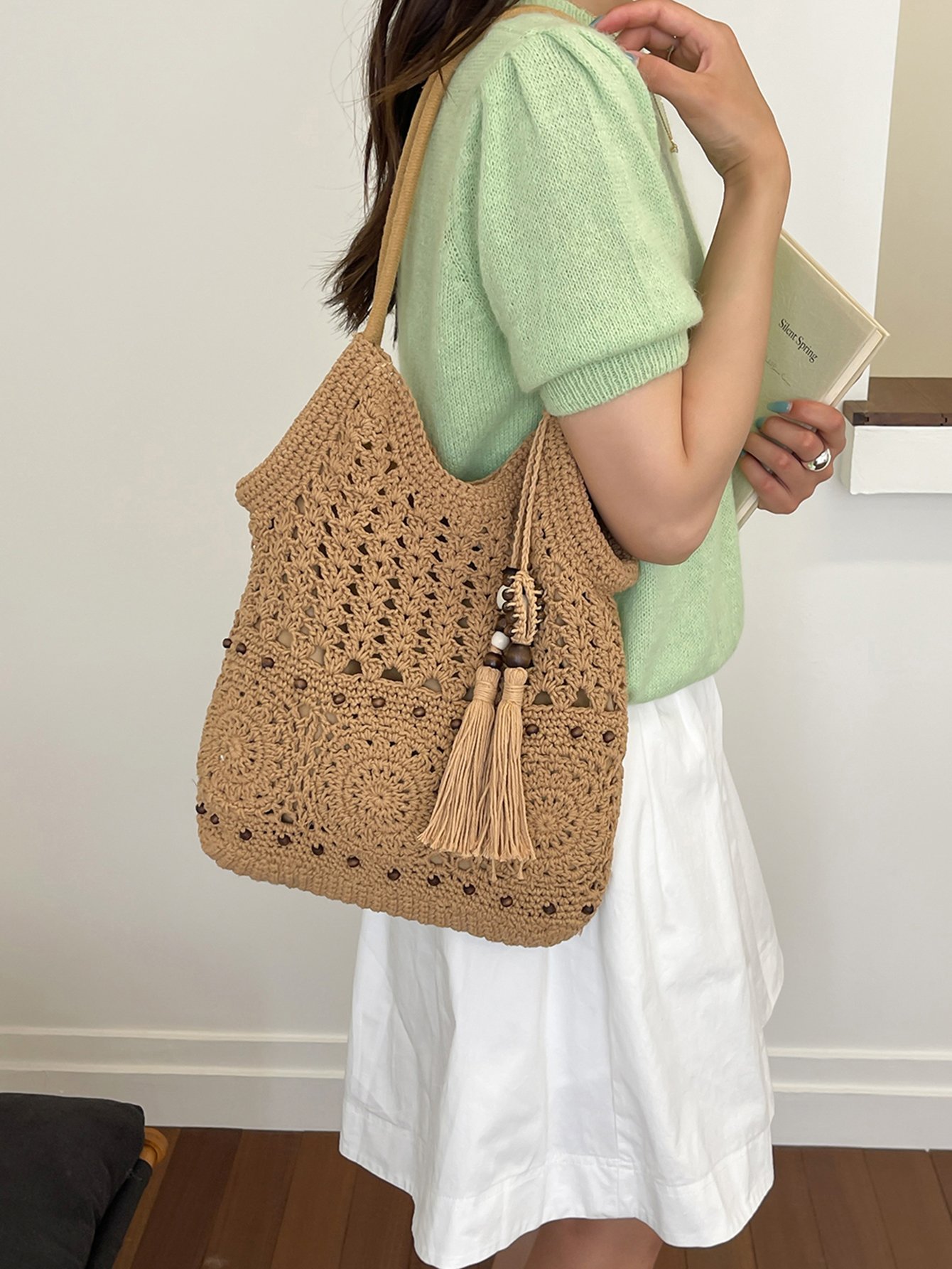 Tan Crochet Tote Bag with Tassel and Bead Detail