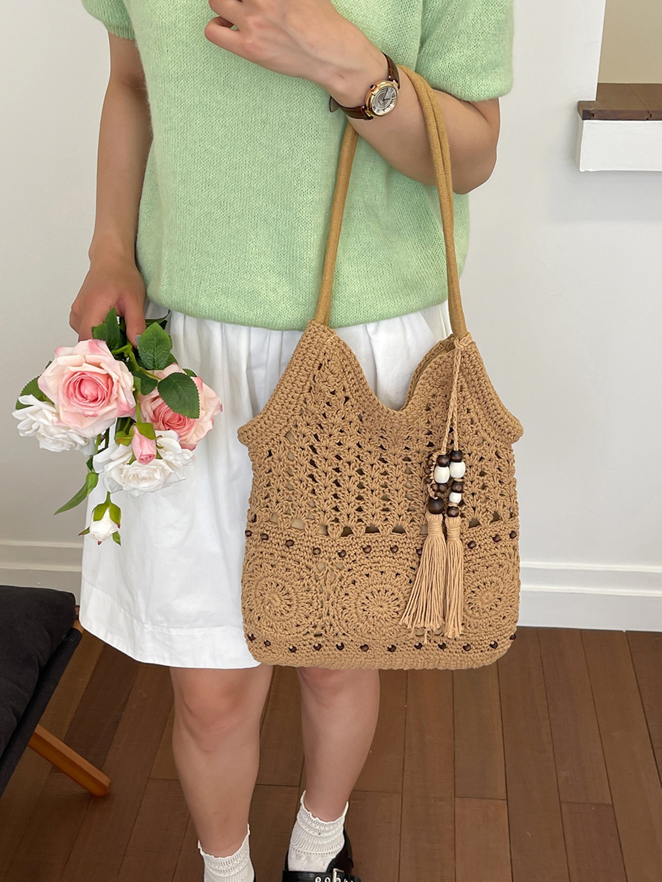 Tan Crochet Tote Bag with Tassel and Bead Detail