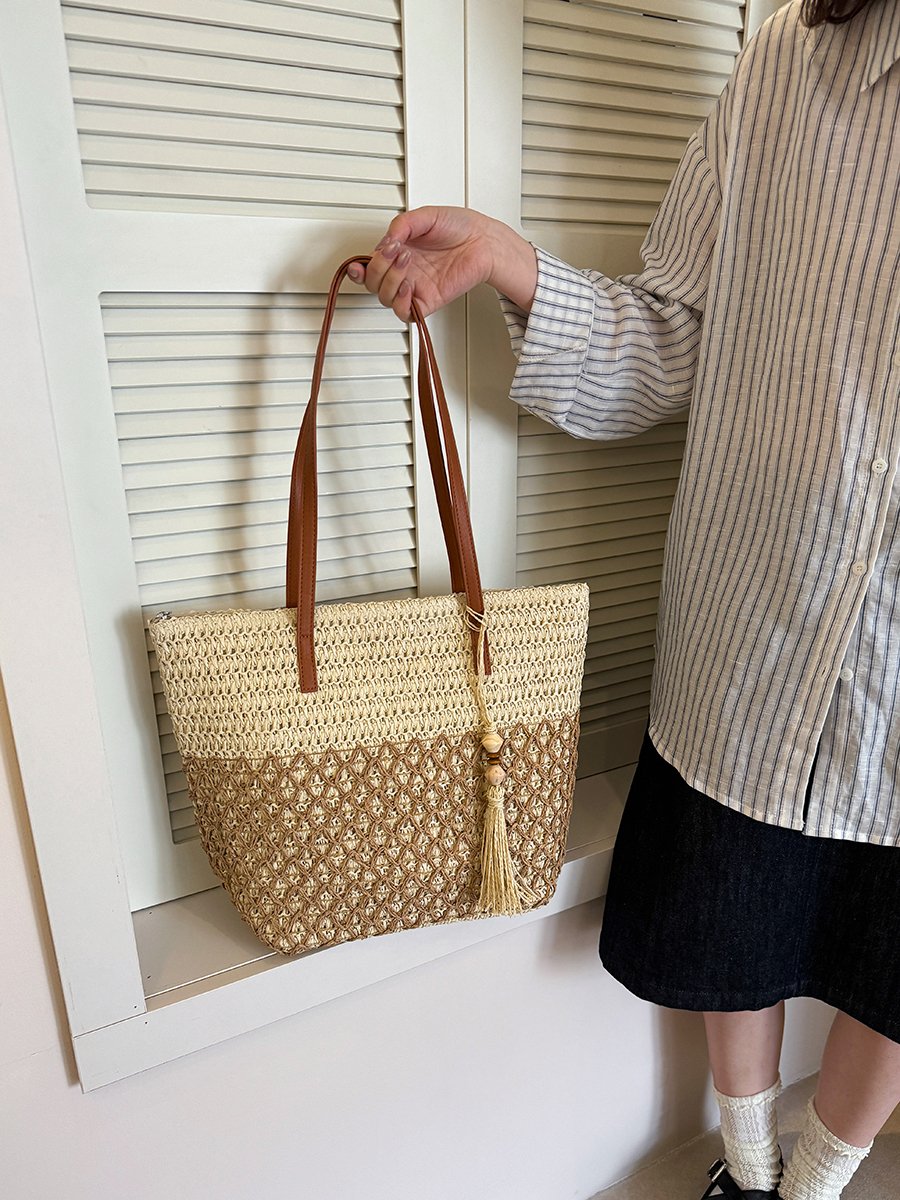 Woven Straw Tote Bag with Tassel Charm