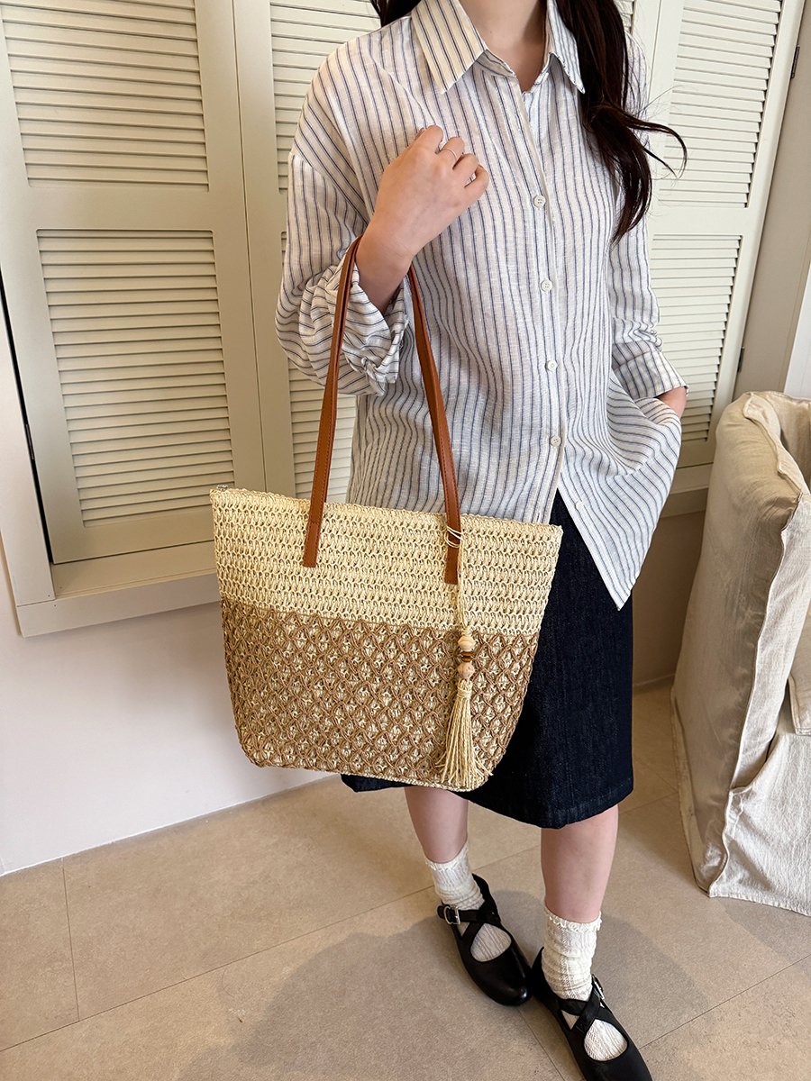 Woven Straw Tote Bag with Tassel Charm