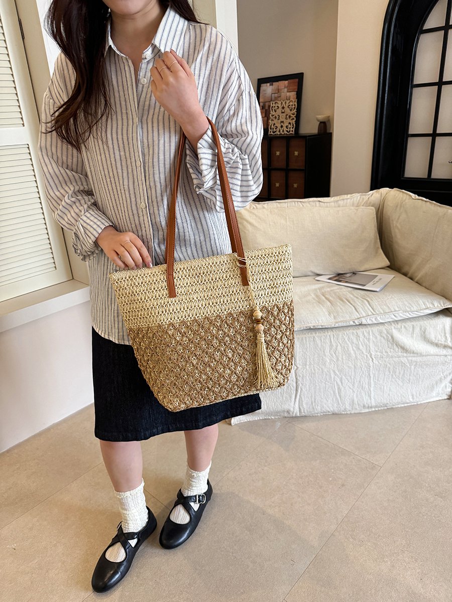 Woven Straw Tote Bag with Tassel Charm