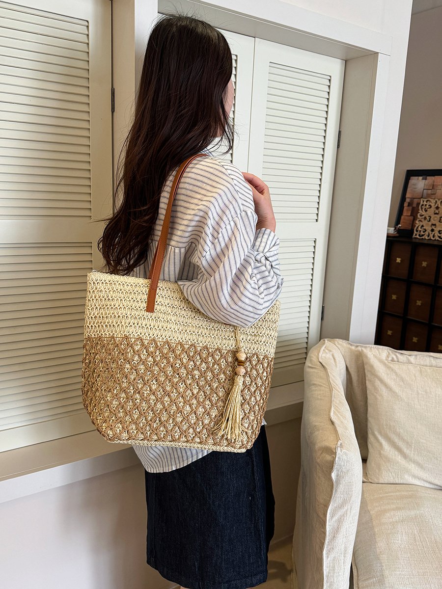Woven Straw Tote Bag with Tassel Charm