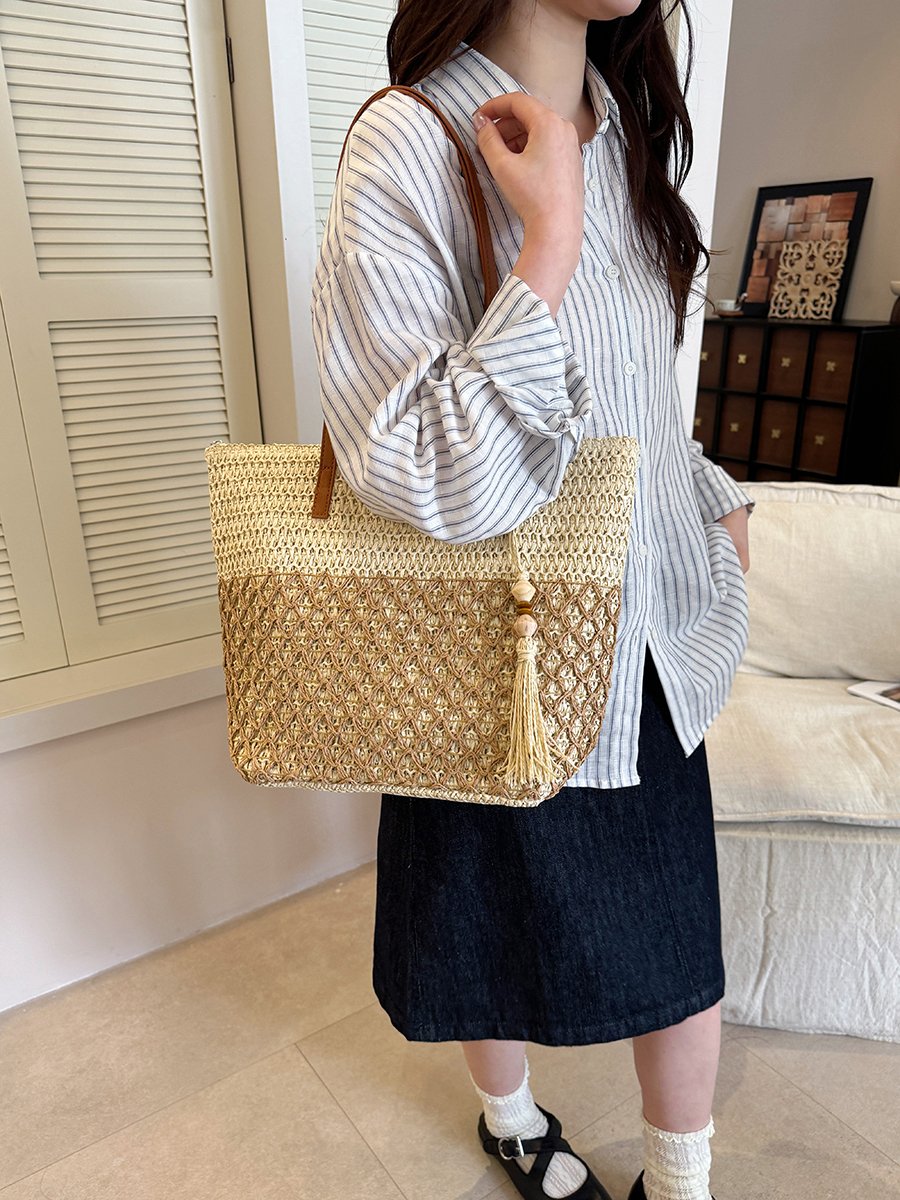 Woven Straw Tote Bag with Tassel Charm
