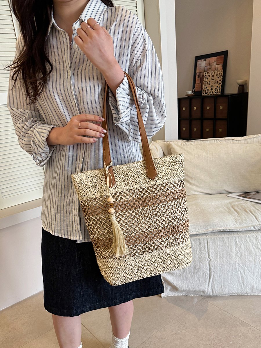 Straw Tote Bag with Tassel Charm