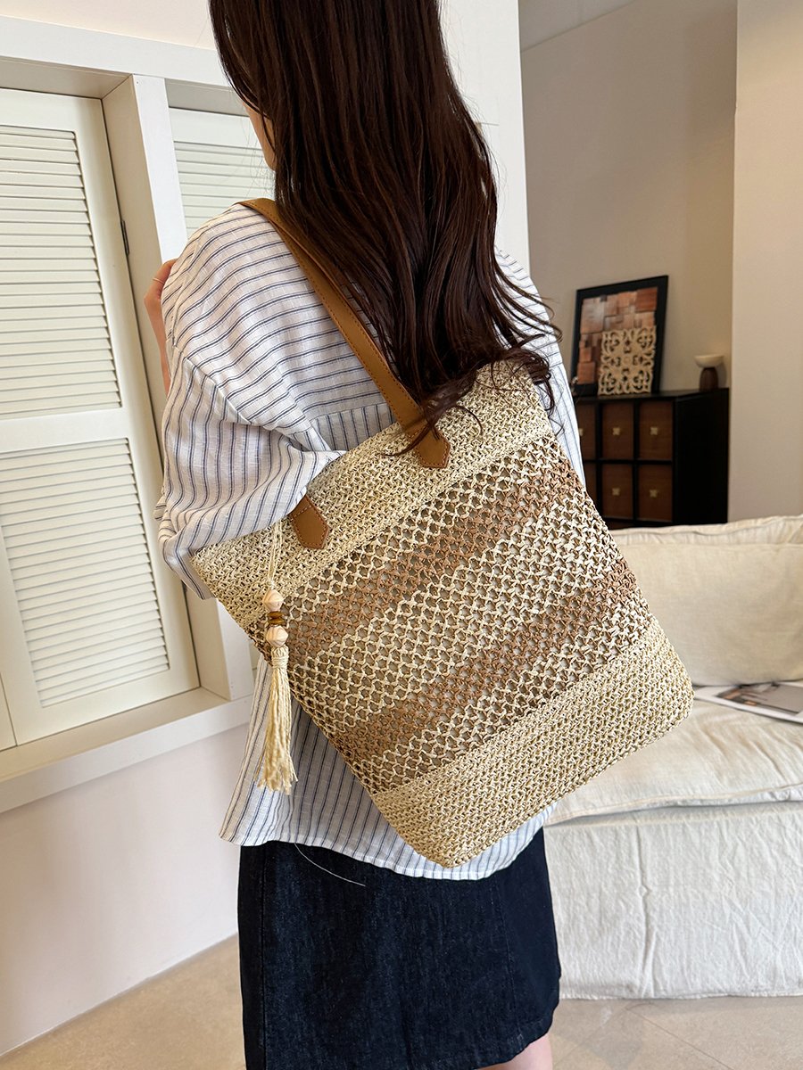 Straw Tote Bag with Tassel Charm