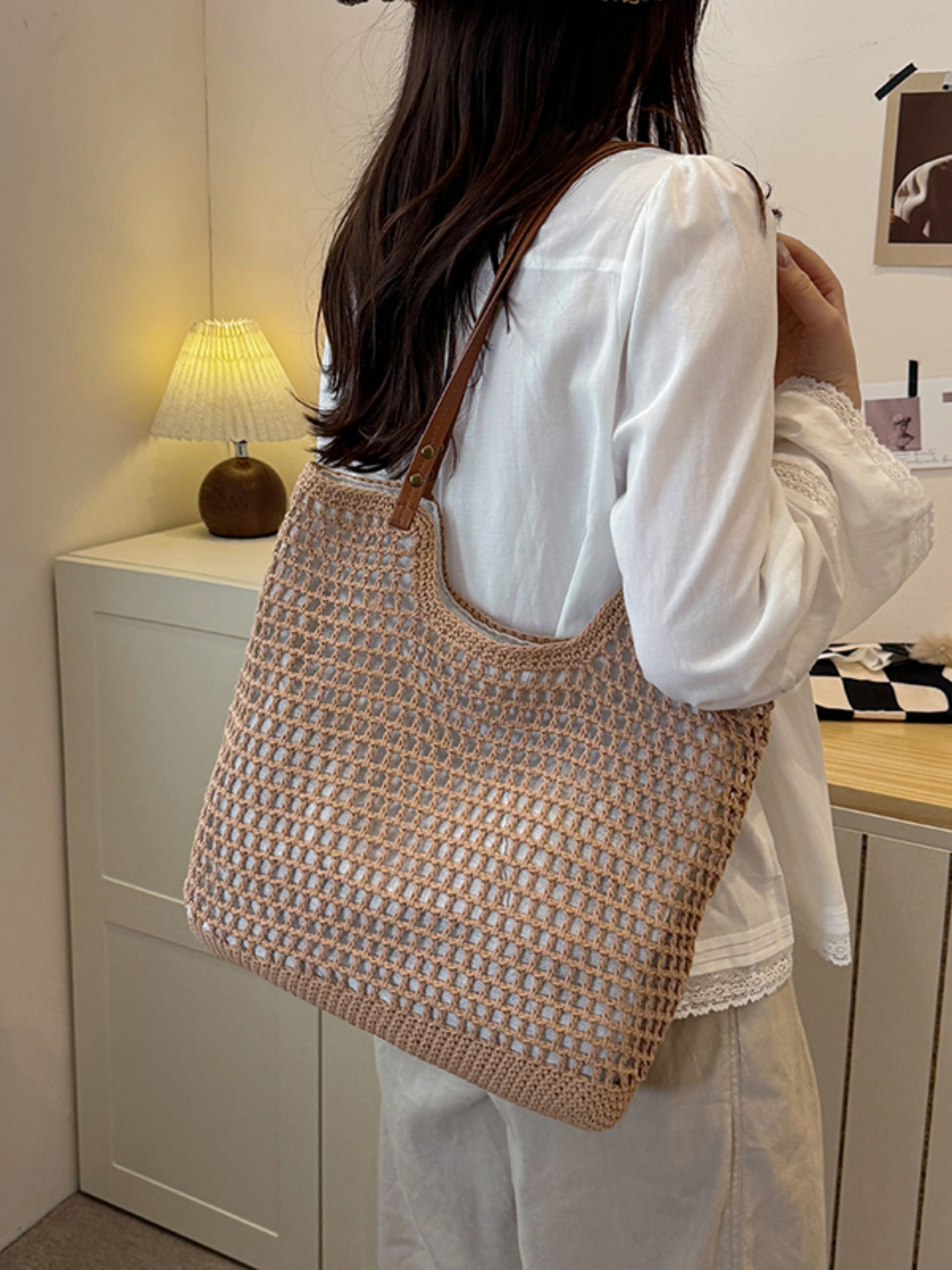Tan Crochet Knit Tote Shoulder Bag