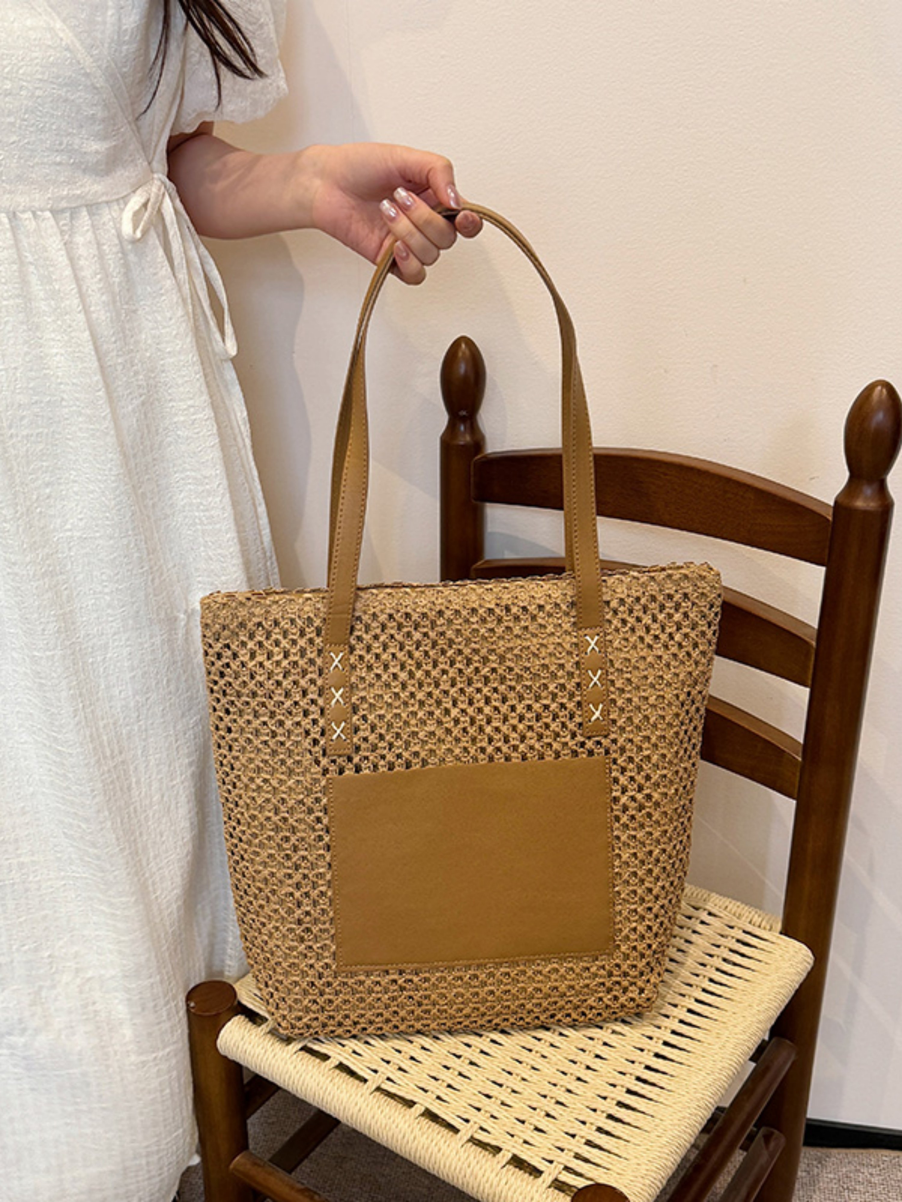 Tan Woven Tote Bag with Faux Leather Straps Shoulder Bag