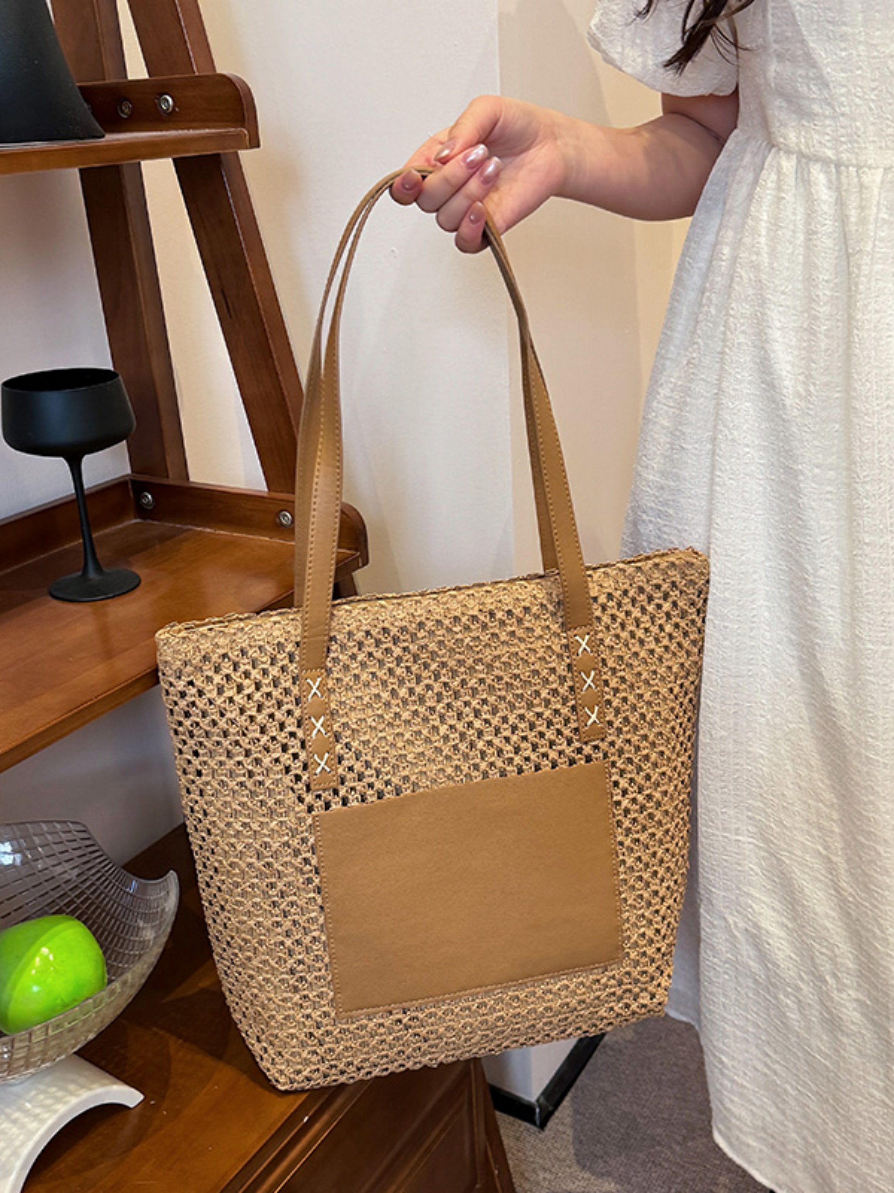Tan Woven Tote Bag with Faux Leather Straps Shoulder Bag