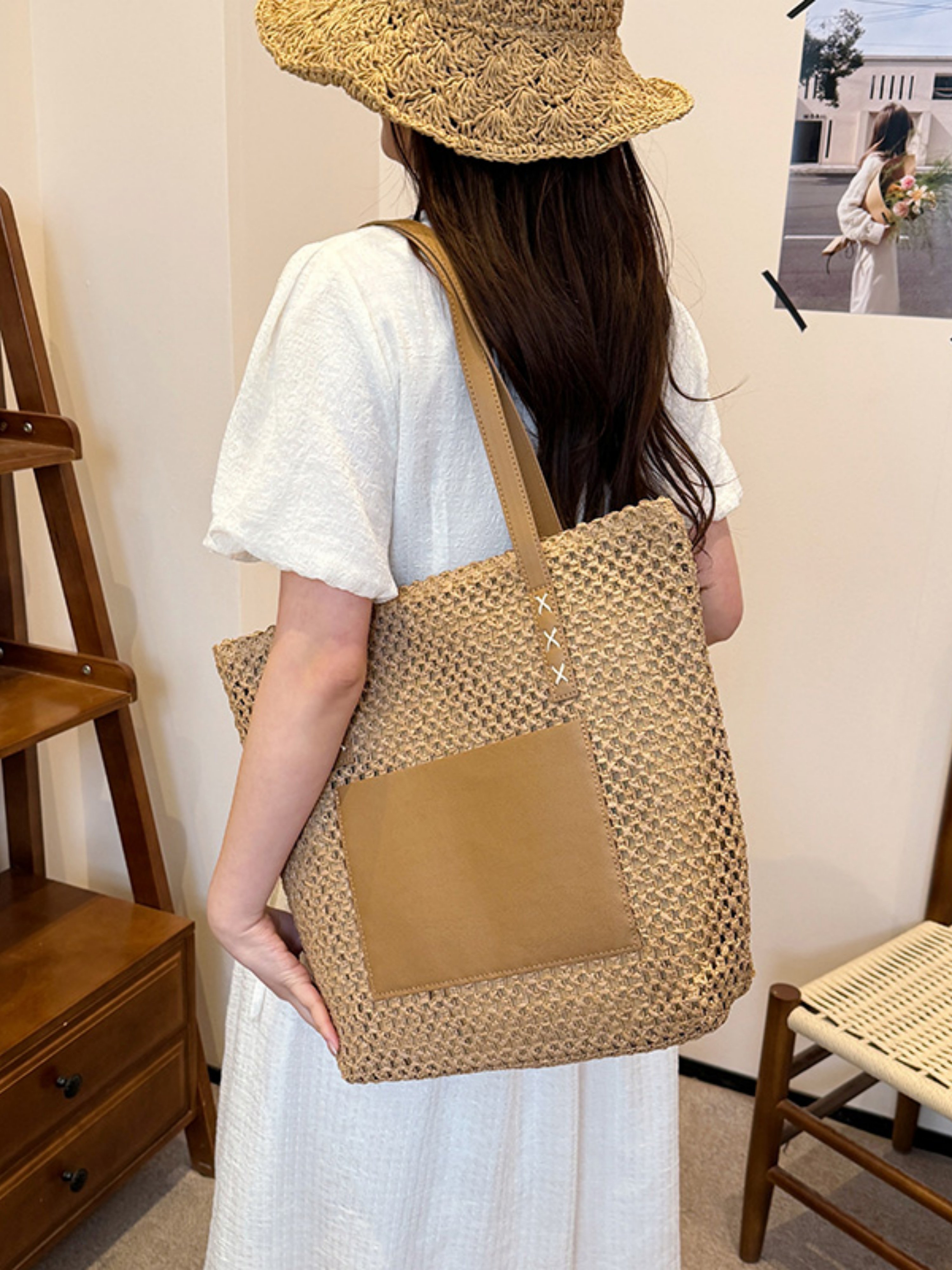 Tan Woven Tote Bag with Faux Leather Straps Shoulder Bag